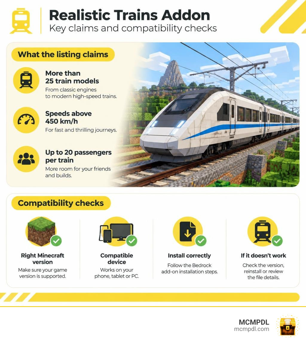 Key claims and compatibility checks for the Realistic Trains Addon infographic