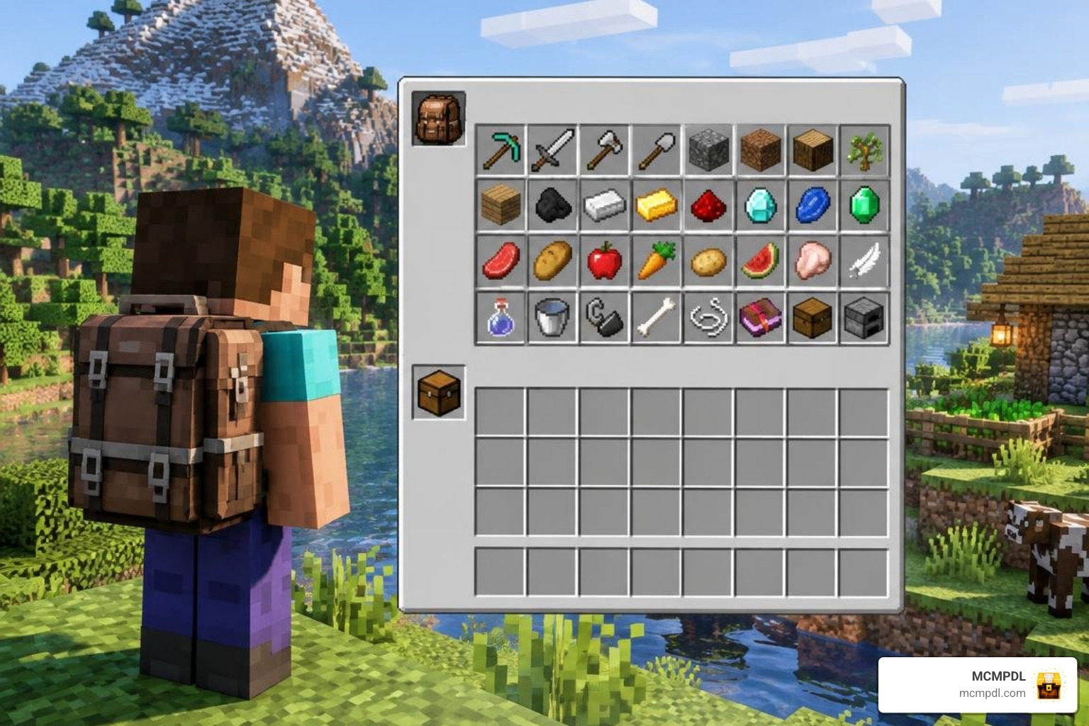 Backpack user interface showing expanded item slots and custom storage grid Backpack user interface showing expanded item slots and custom storage grid