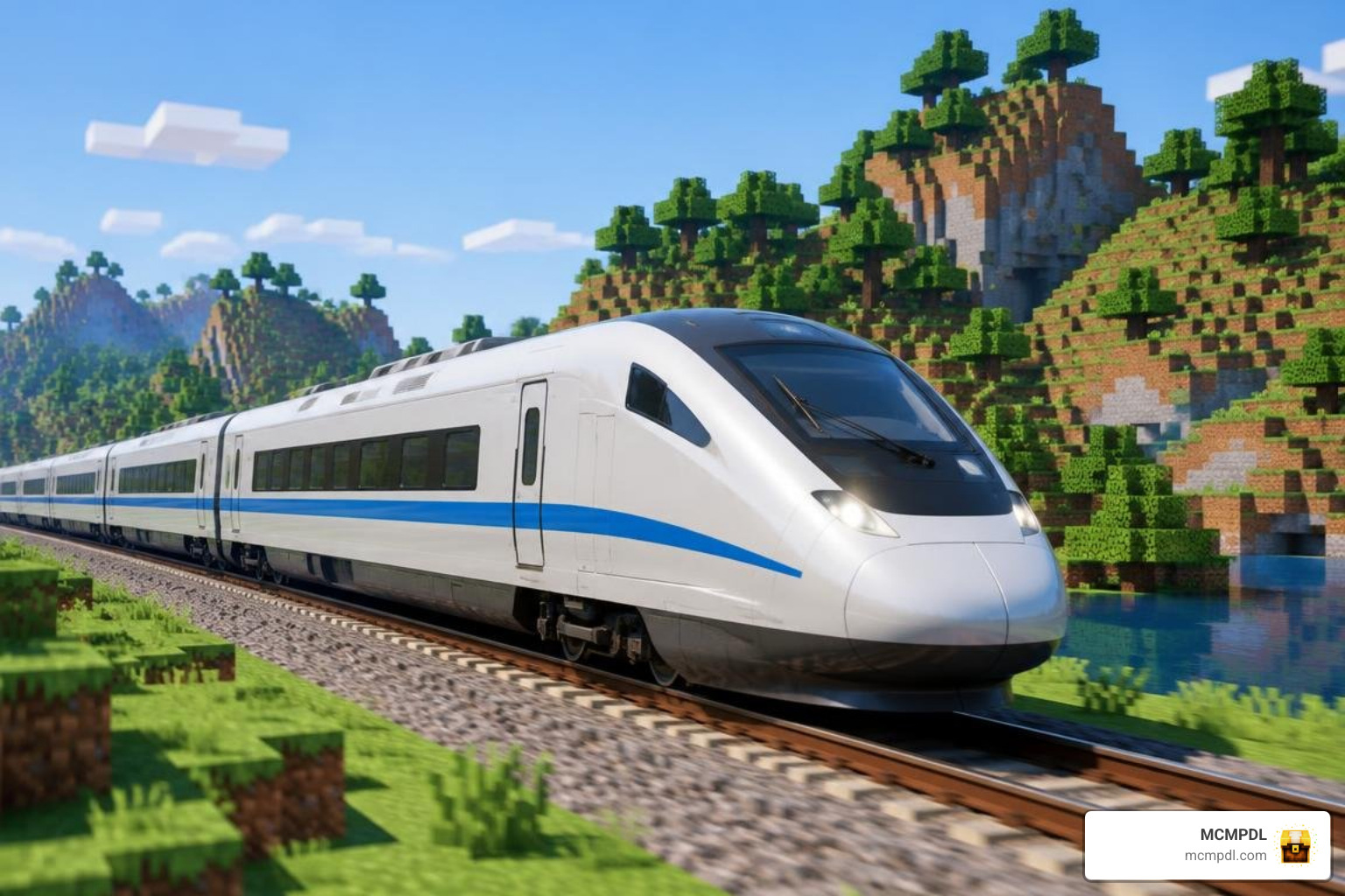 realistic high-speed train on a Minecraft Bedrock railway