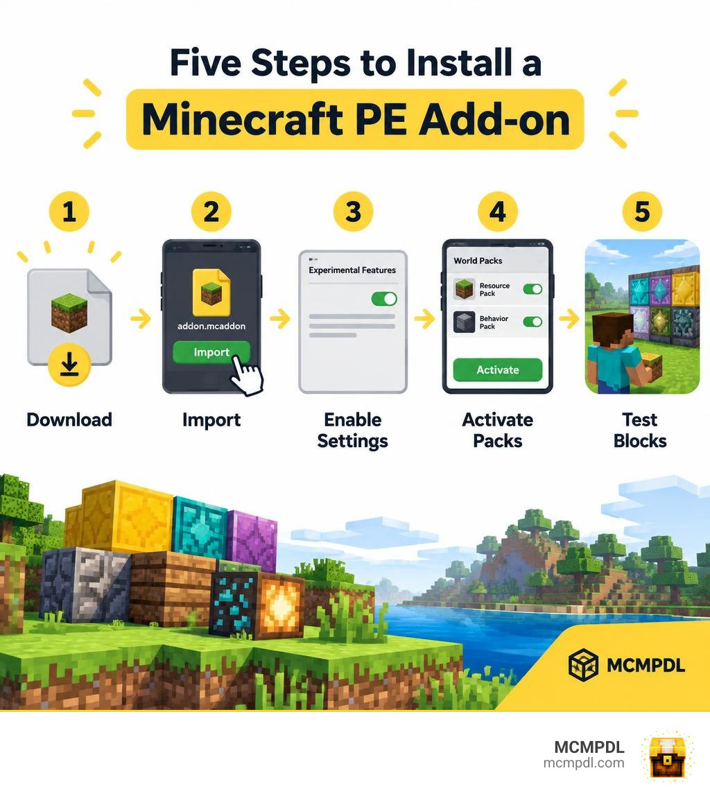 Five steps to install a Minecraft PE add-on: download, import, enable settings, activate packs, test blocks infographic Five steps to install a Minecraft PE add-on: download, import, enable settings, activate packs, test blocks infographic