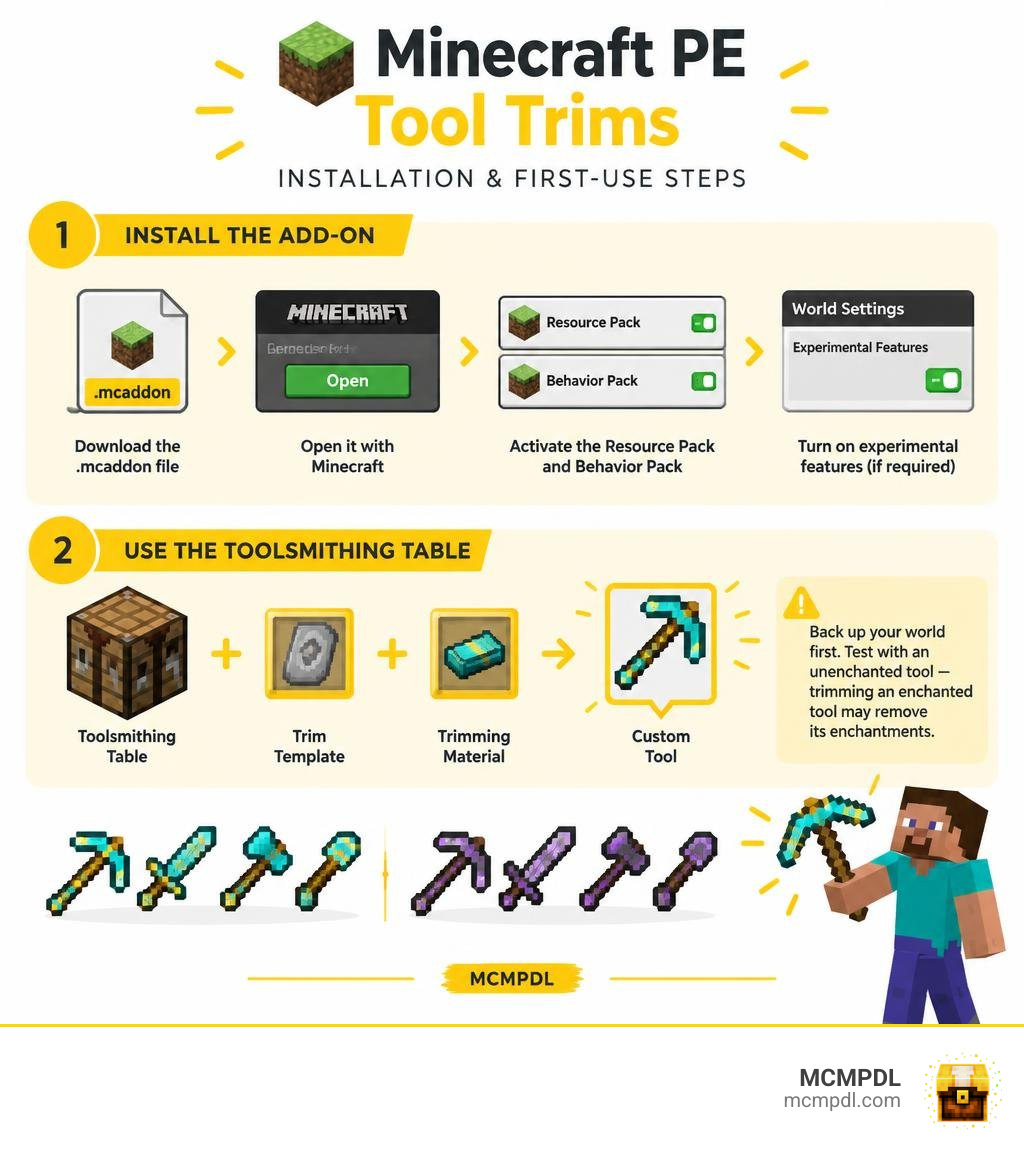 Minecraft PE tool trims installation and first-use steps infographic