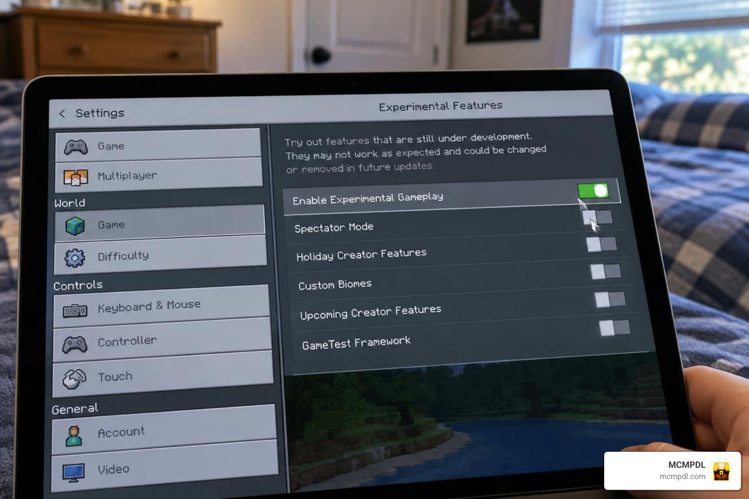 Minecraft world settings enabling experimental features