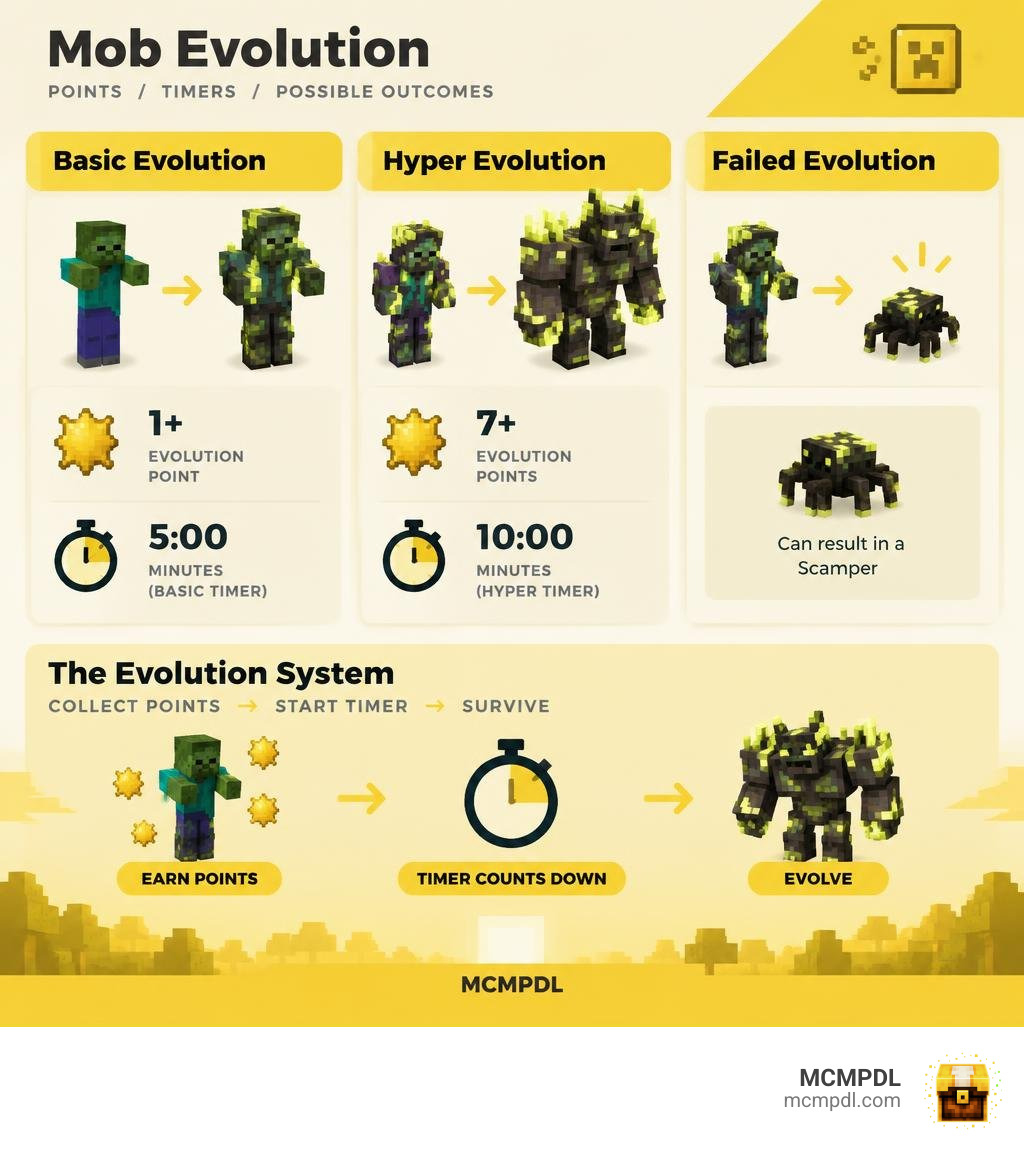 Basic and hyper mob evolution point requirements, timers, and failed evolution in Minecraft Bedrock infographic Basic and hyper mob evolution point requirements, timers, and failed evolution in Minecraft Bedrock infographic