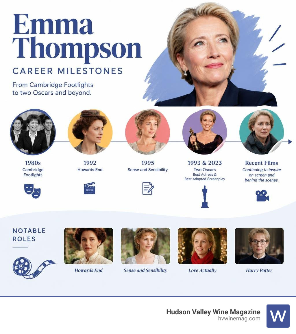 Emma Thompson career milestones from Cambridge Footlights to her two Oscars and recent films infographic