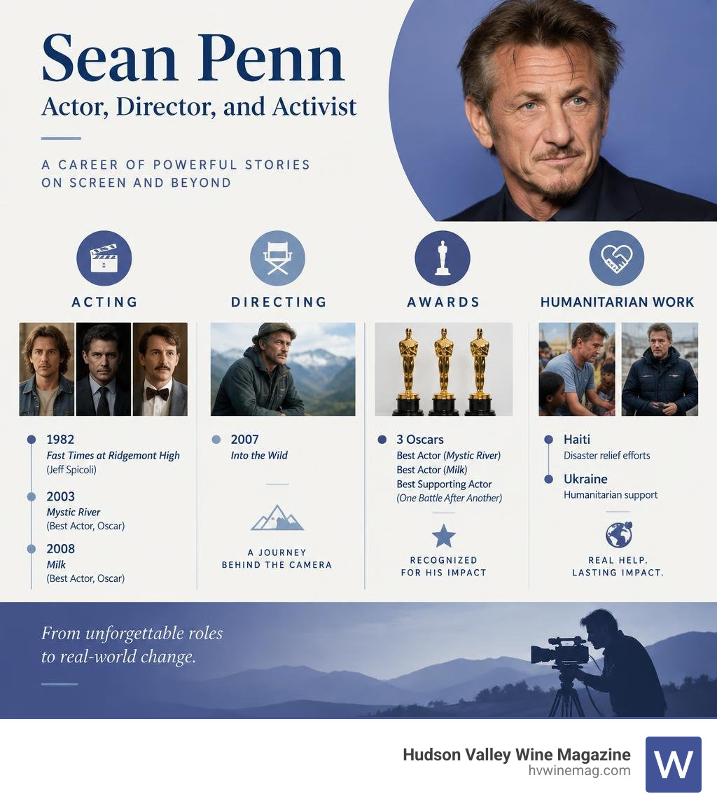 Timeline of Sean Penn's acting, directing, awards, and humanitarian work infographic Timeline of Sean Penn's acting, directing, awards, and humanitarian work infographic