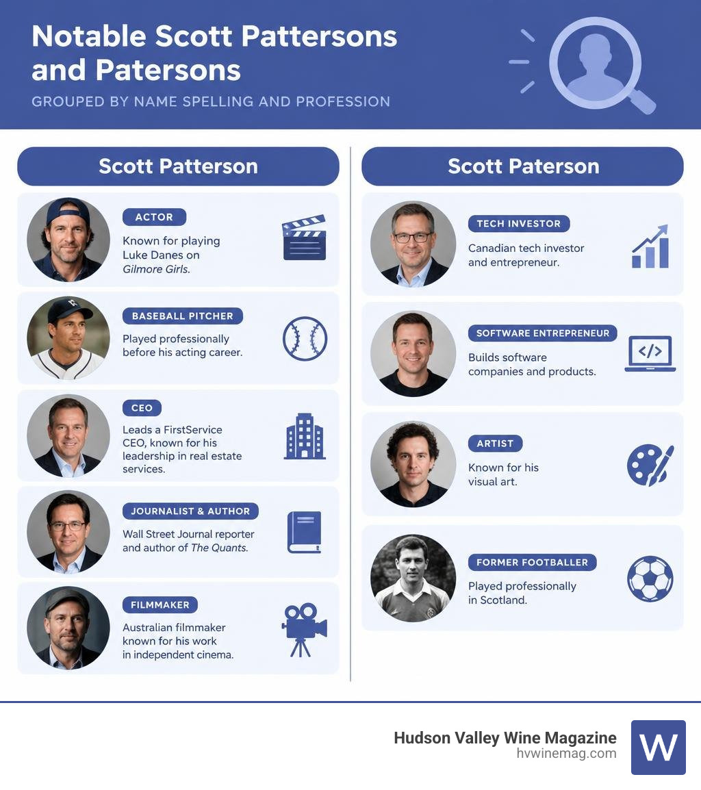 Notable Scott Pattersons and Patersons grouped by name spelling and profession infographic