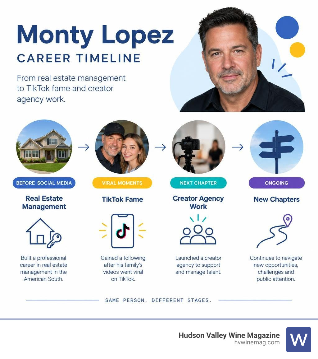 Monty Lopez career timeline from real estate management to TikTok fame and creator agency work infographic Monty Lopez career timeline from real estate management to TikTok fame and creator agency work infographic