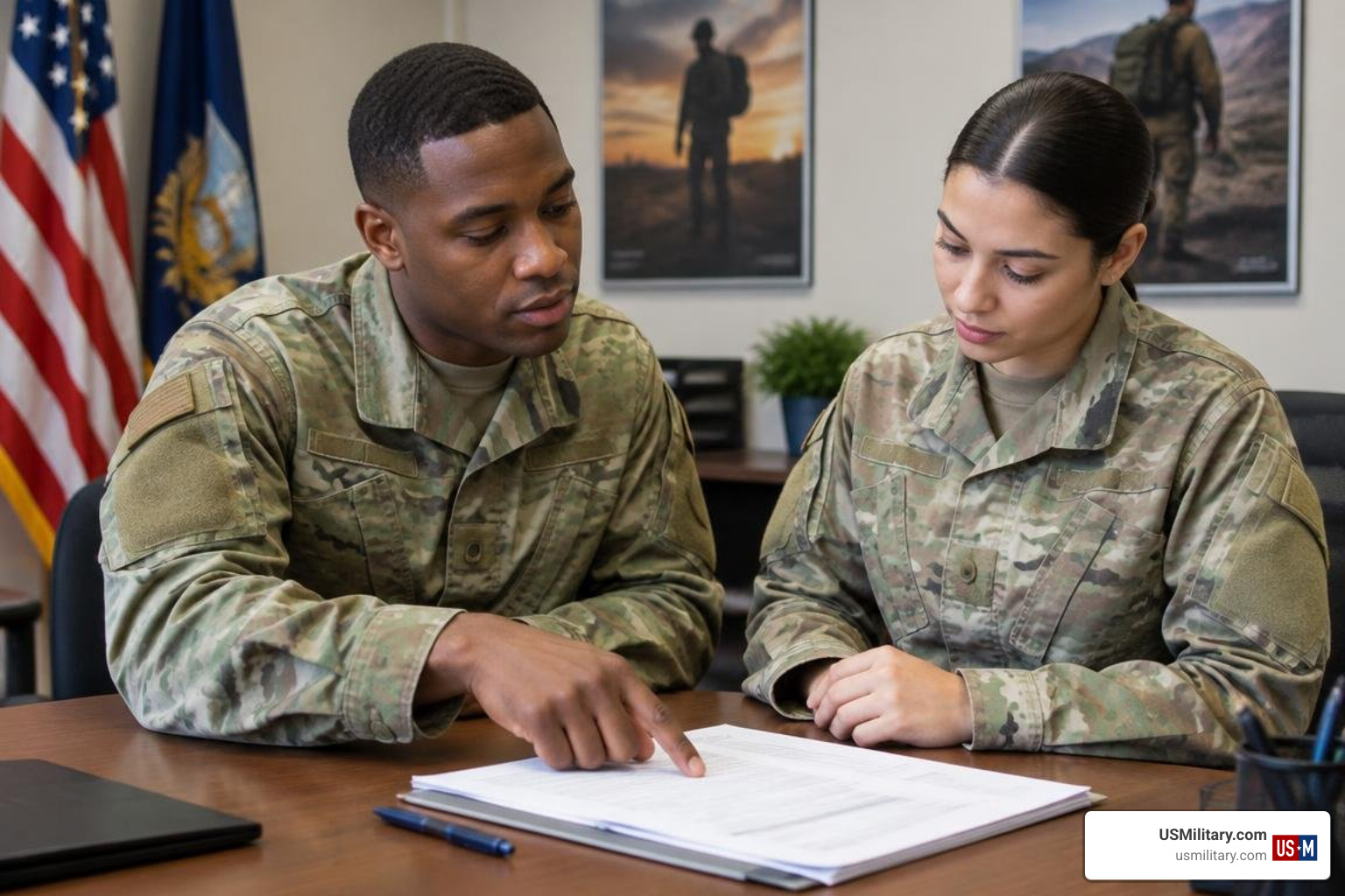 Military personnel reviewing documentation at an accession processing station Military personnel reviewing documentation at an accession processing station