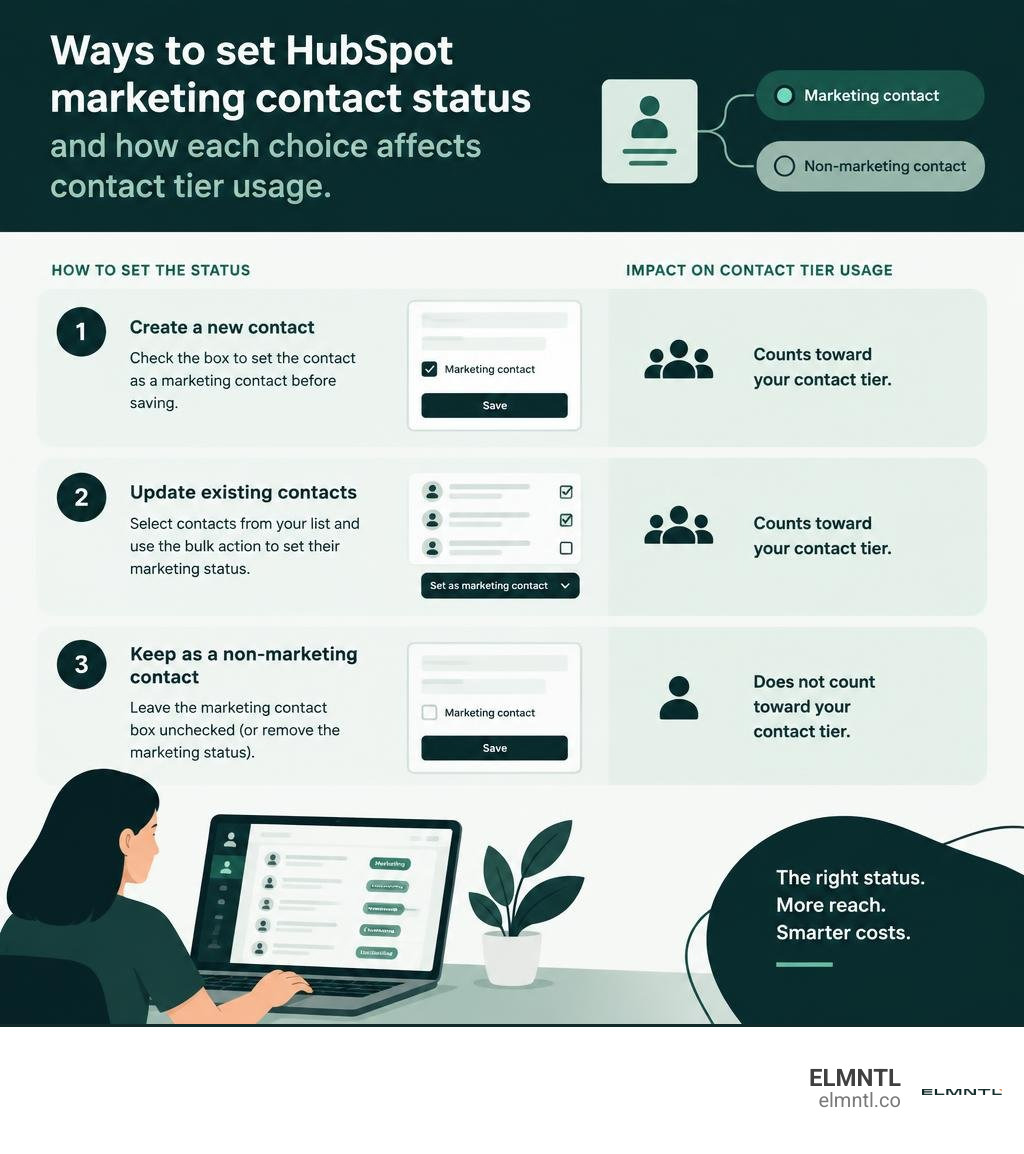 Ways to set HubSpot marketing contact status and how each choice affects contact tier usage infographic