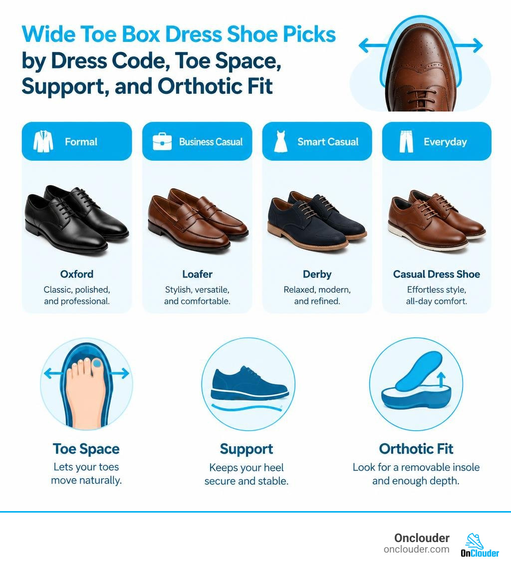 Wide toe box dress shoe picks by dress code, toe space, support, and orthotic fit infographic