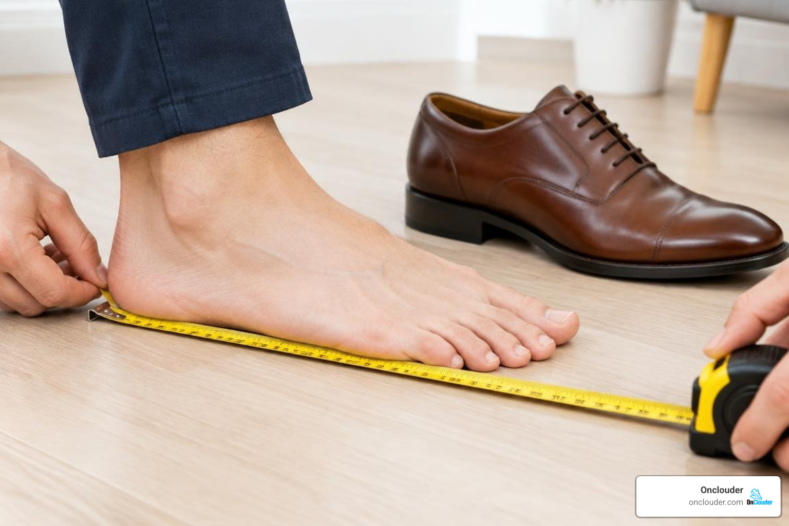 Foot measuring process for wide toe box dress shoes