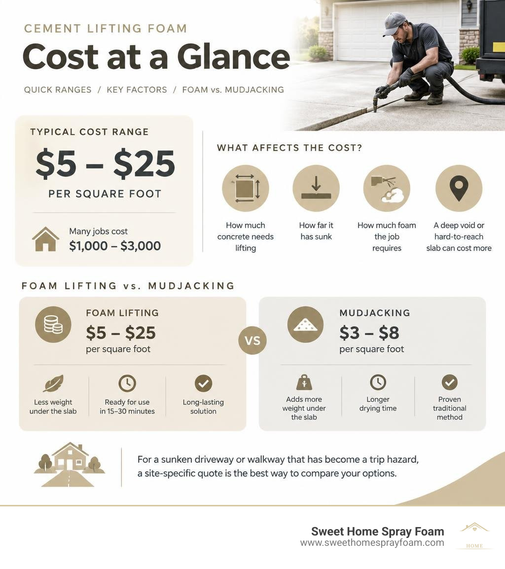 Infographic showing foam lifting costs, key price factors, and cost comparison breakdown Infographic showing foam lifting costs, key price factors, and cost comparison breakdown