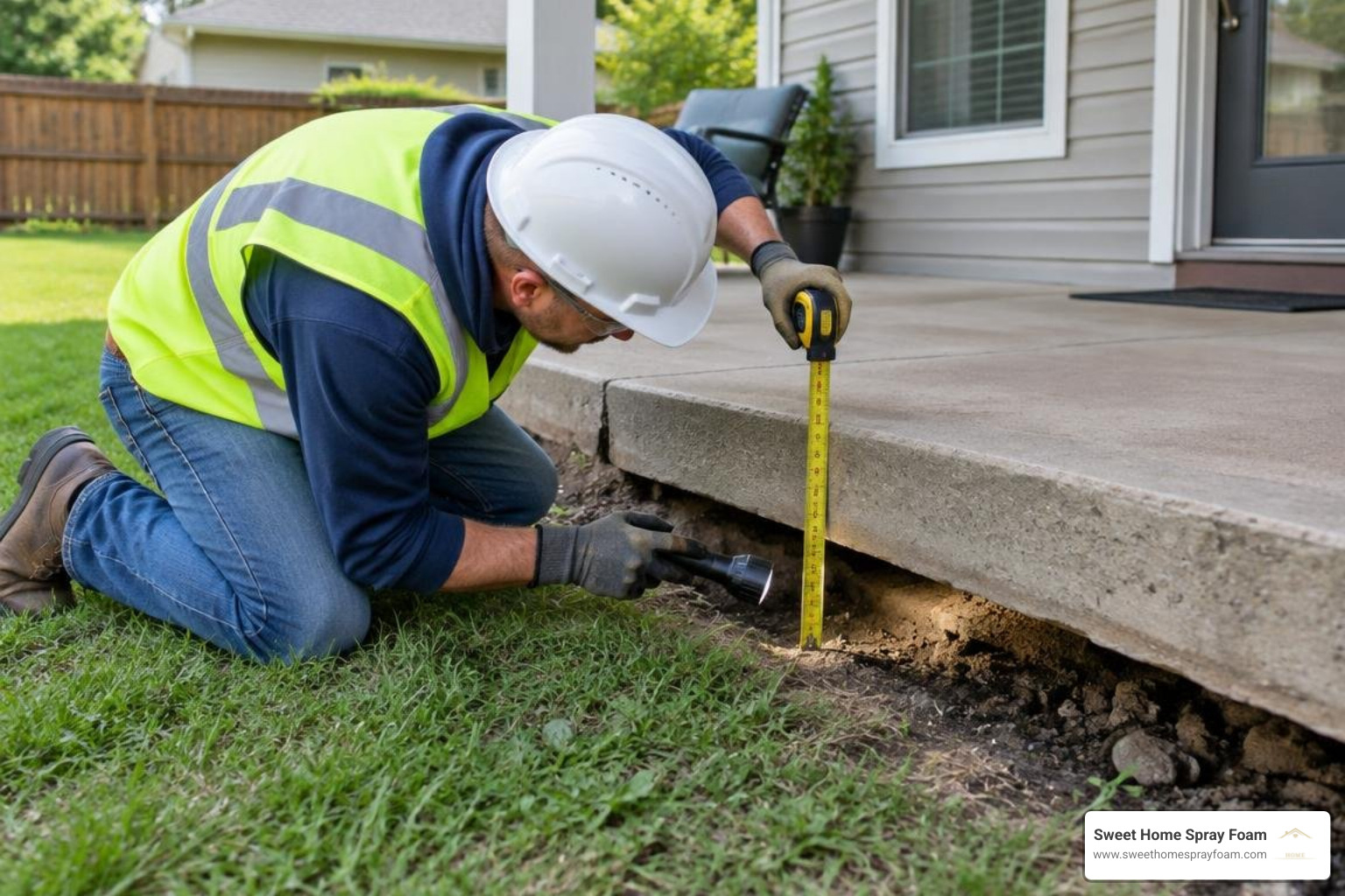 Contractor measuring settlement depth and void space beneath a sunken concrete porch Contractor measuring settlement depth and void space beneath a sunken concrete porch