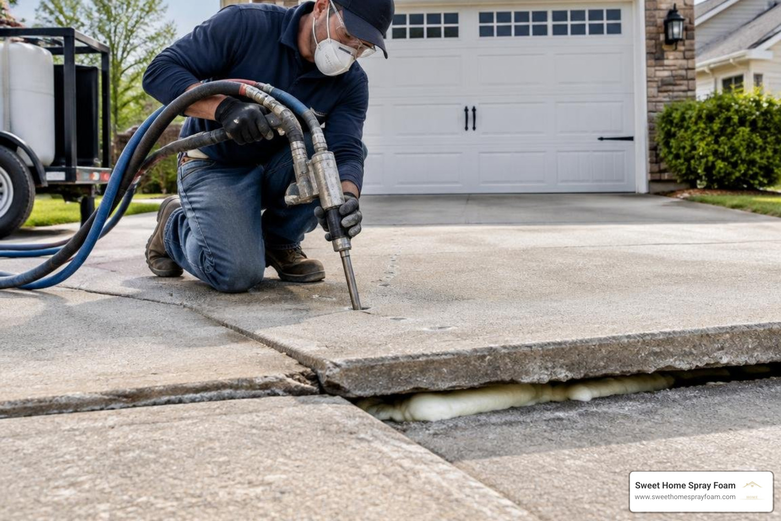 Technician using a polyurethane foam injection gun under an uneven concrete slab Technician using a polyurethane foam injection gun under an uneven concrete slab