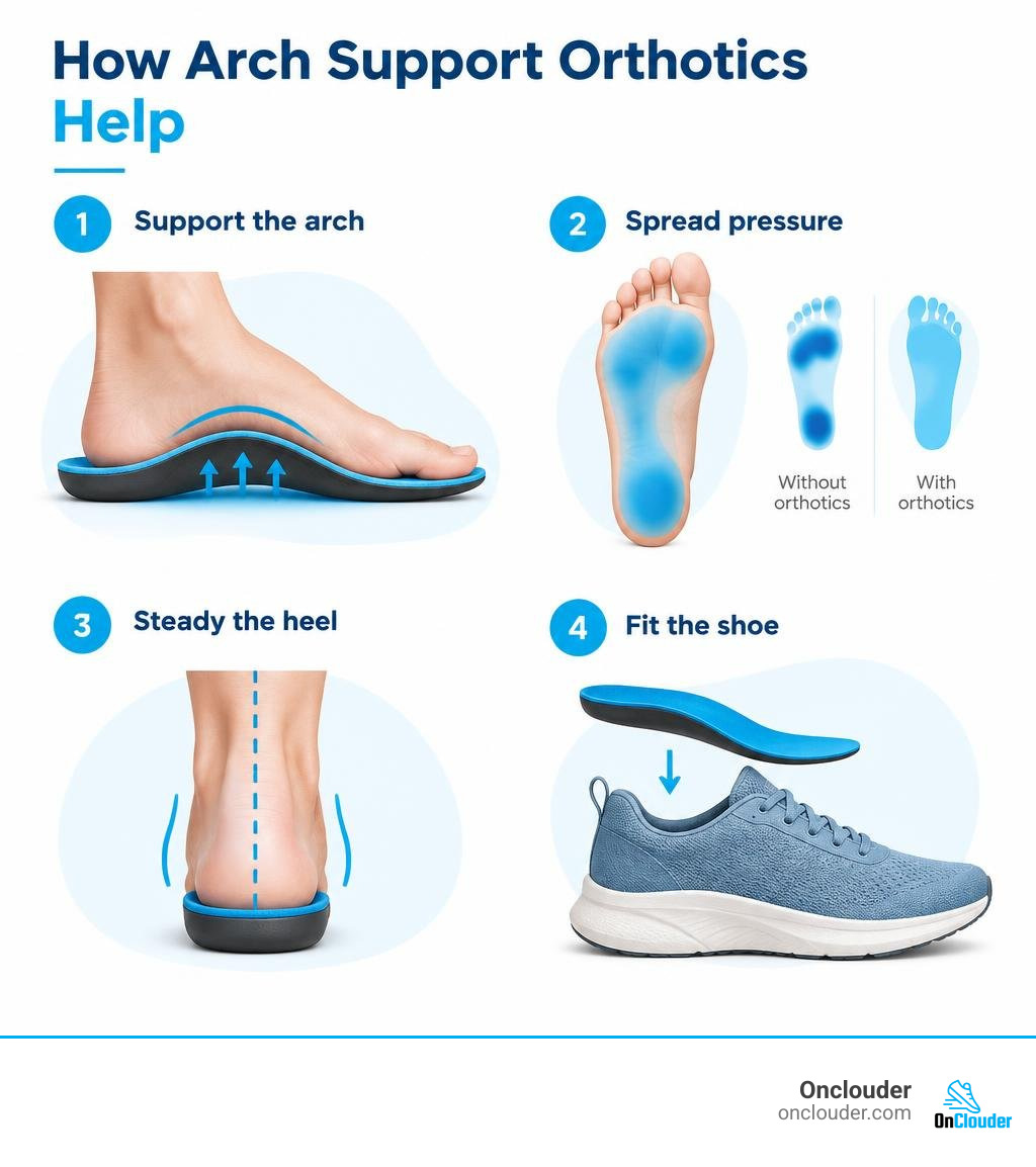 How arch support orthotics help: support the arch, spread pressure, steady the heel, and fit the shoe infographic How arch support orthotics help: support the arch, spread pressure, steady the heel, and fit the shoe infographic