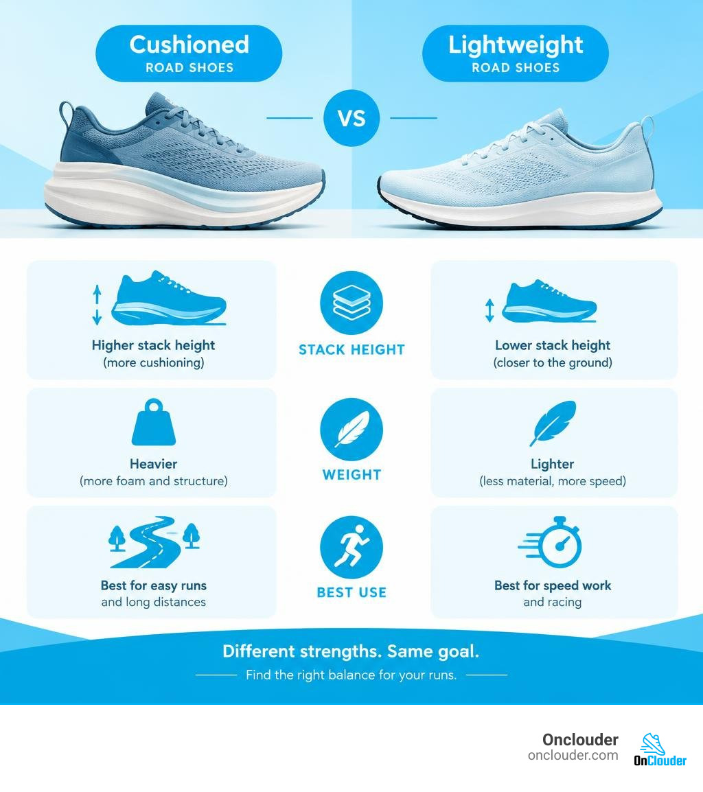 Comparison of cushioned and lightweight road shoes by stack height, weight, and best use infographic