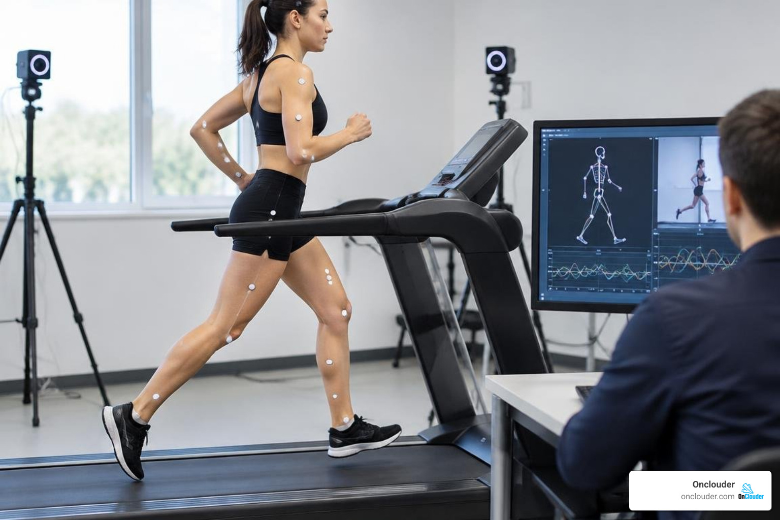 runner undergoing biomechanical gait analysis on a treadmill