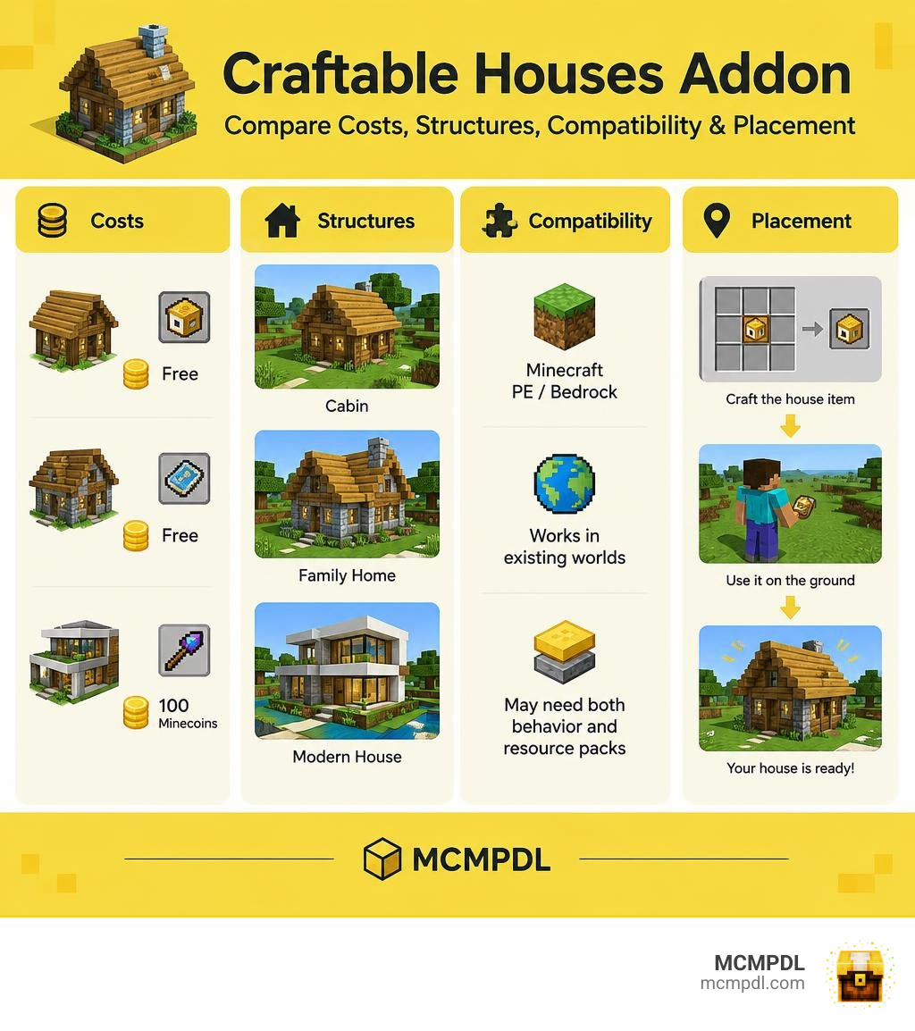 Infographic comparing craftable house add-on costs, structures, compatibility, and placement infographic