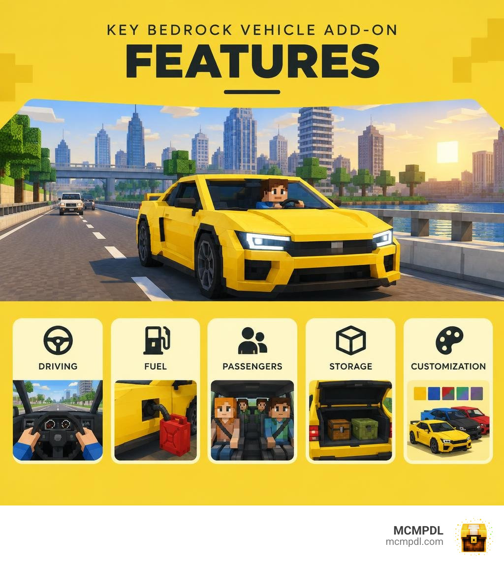 Key Bedrock vehicle add-on features: driving, fuel, passengers, storage, and customization infographic