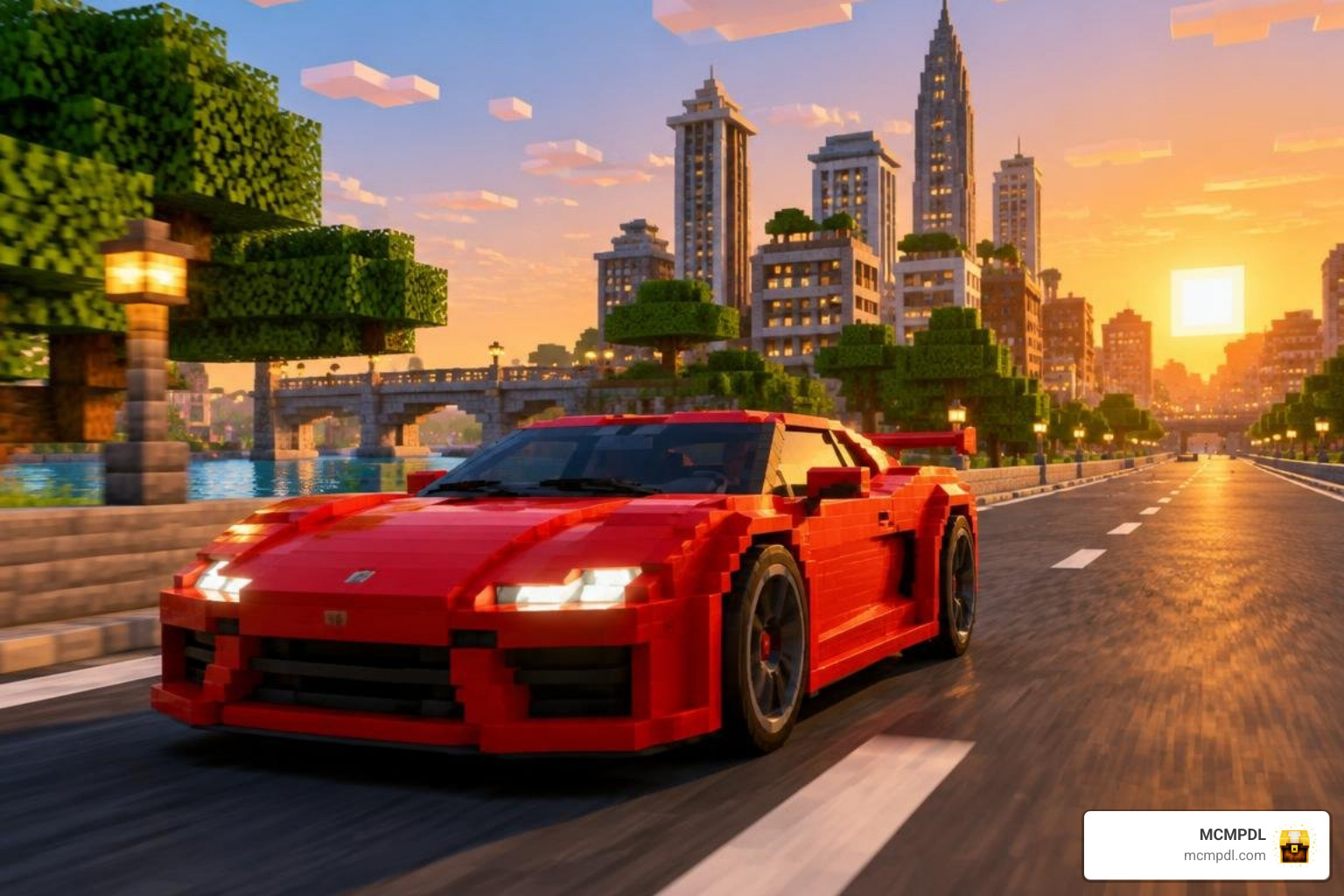 Player driving a sports car through a Minecraft Bedrock city