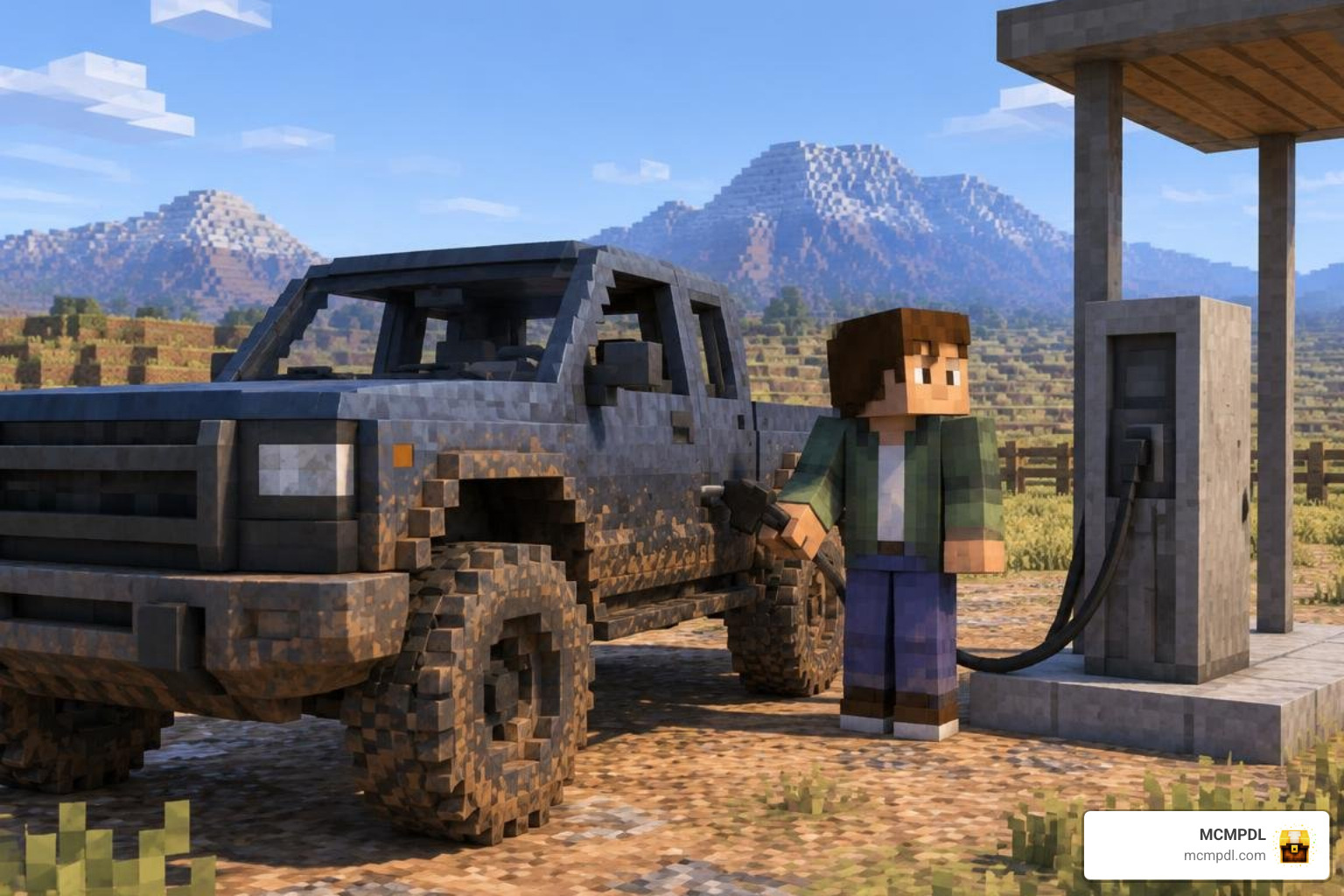 Player refueling an off-road truck at a custom roadside pump