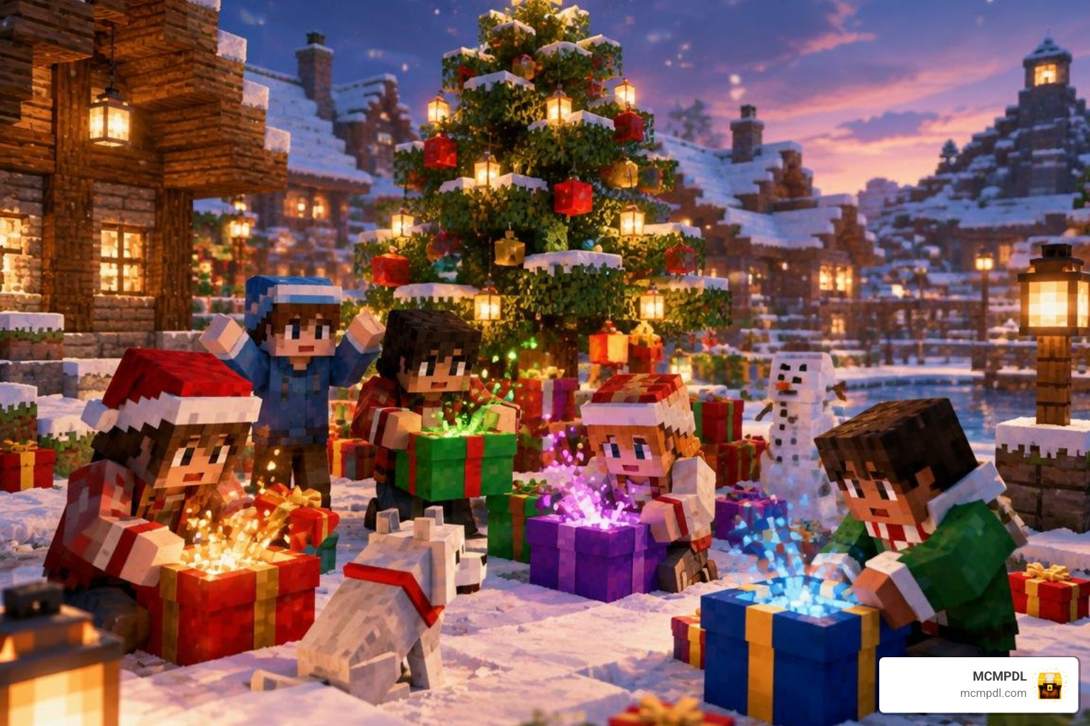 players opening presents under a decorated tree in Minecraft PE players opening presents under a decorated tree in Minecraft PE