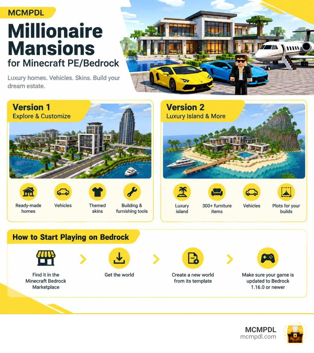 Overview of Millionaire Mansions versions, features, and how to start playing on Bedrock infographic