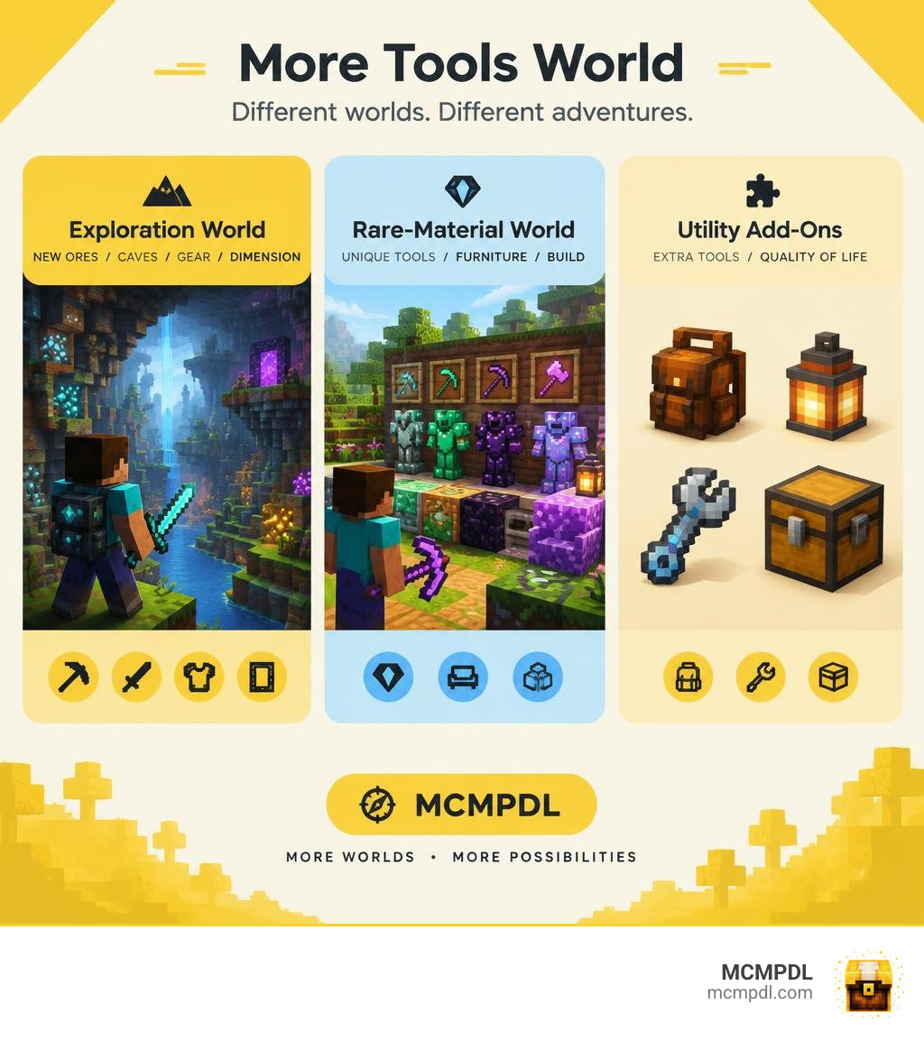 Comparison of exploration and rare-material More Tools worlds, plus separate utility add-ons infographic Comparison of exploration and rare-material More Tools worlds, plus separate utility add-ons infographic