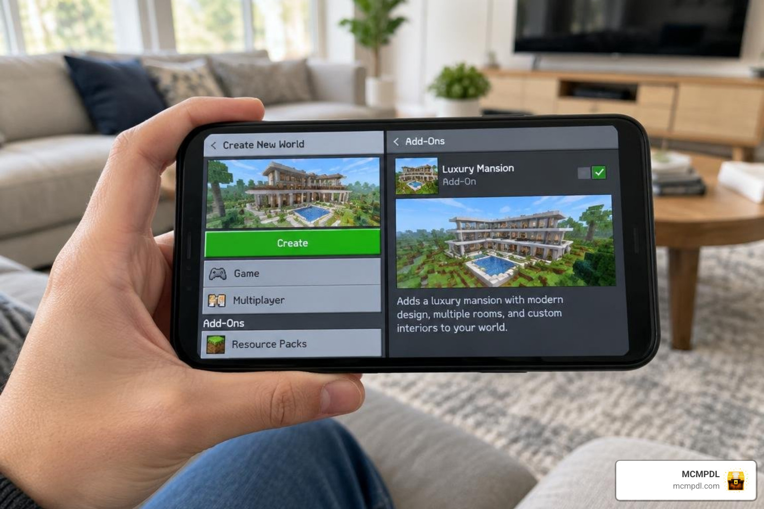Minecraft Bedrock add-on download and world creation screen