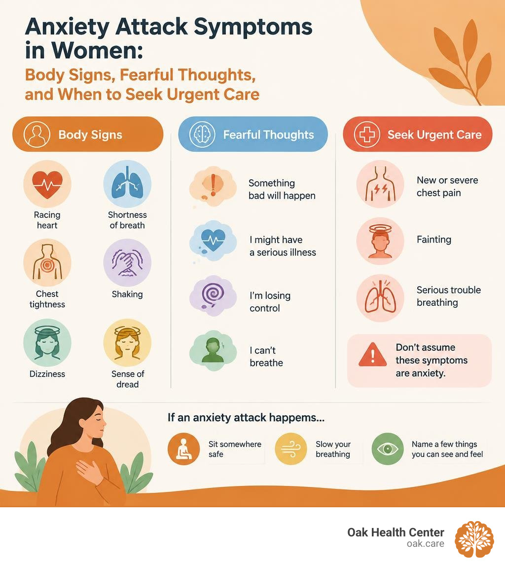 Anxiety attack symptoms in women: body signs, fearful thoughts, and when to seek urgent care infographic Anxiety attack symptoms in women: body signs, fearful thoughts, and when to seek urgent care infographic