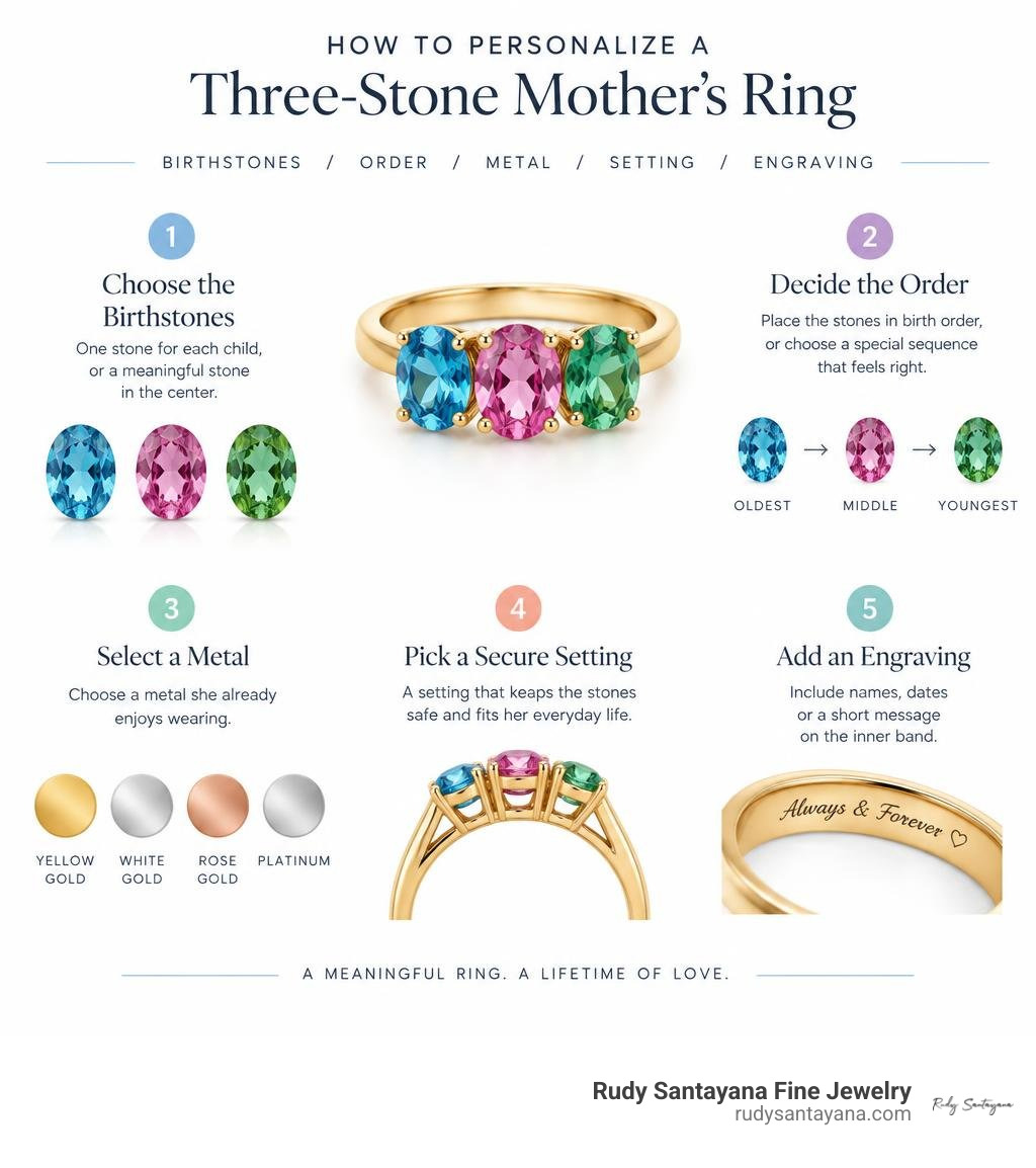 How to choose three birthstones, their order, a metal, a secure setting, and an engraving infographic