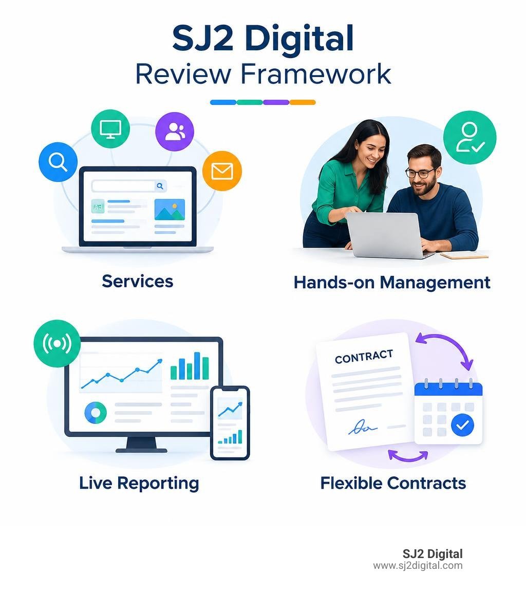 SJ2 Digital review framework showing services, hands-on management, live reporting, and flexible contracts infographic SJ2 Digital review framework showing services, hands-on management, live reporting, and flexible contracts infographic