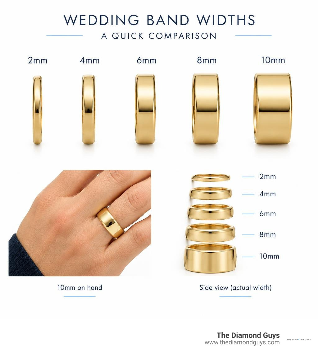 Comparison of 2mm, 4mm, 6mm, 8mm, and 10mm wedding band widths infographic Comparison of 2mm, 4mm, 6mm, 8mm, and 10mm wedding band widths infographic
