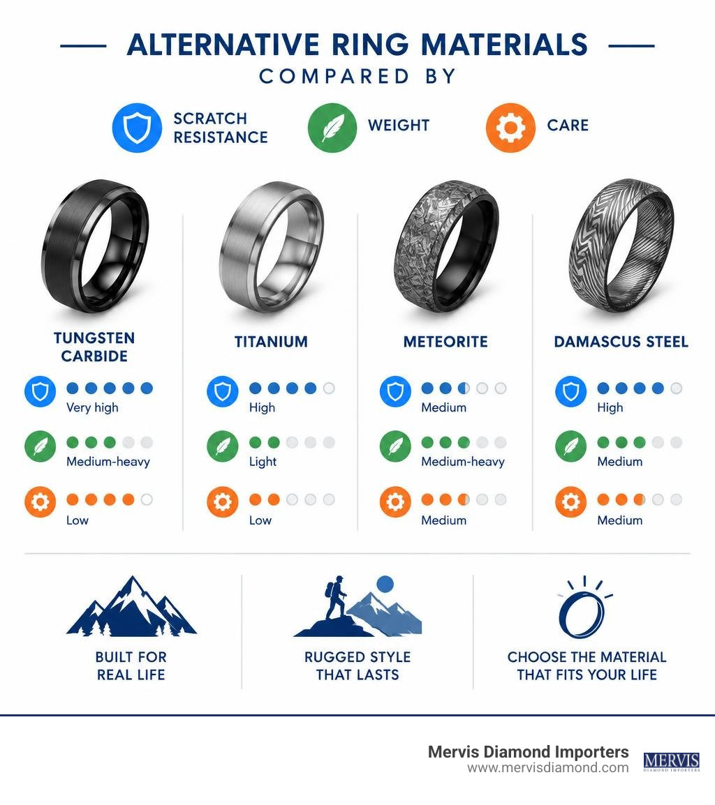 Alternative ring materials compared by scratch resistance, weight, and care infographic