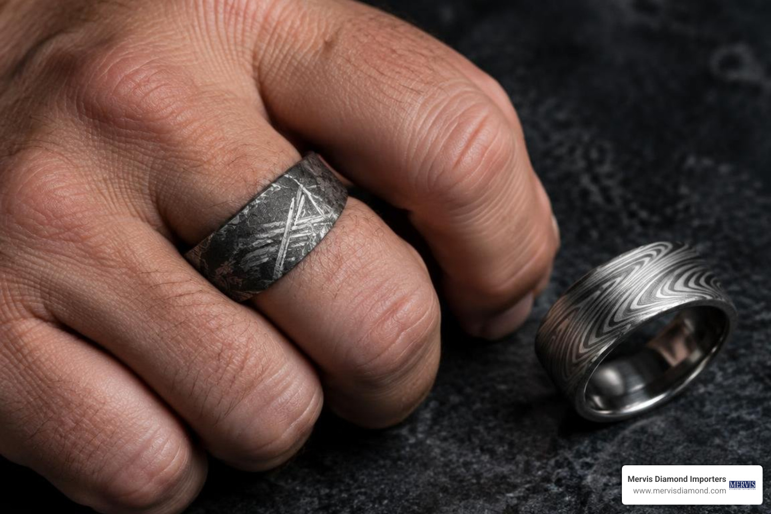 meteorite and damascus steel wedding bands