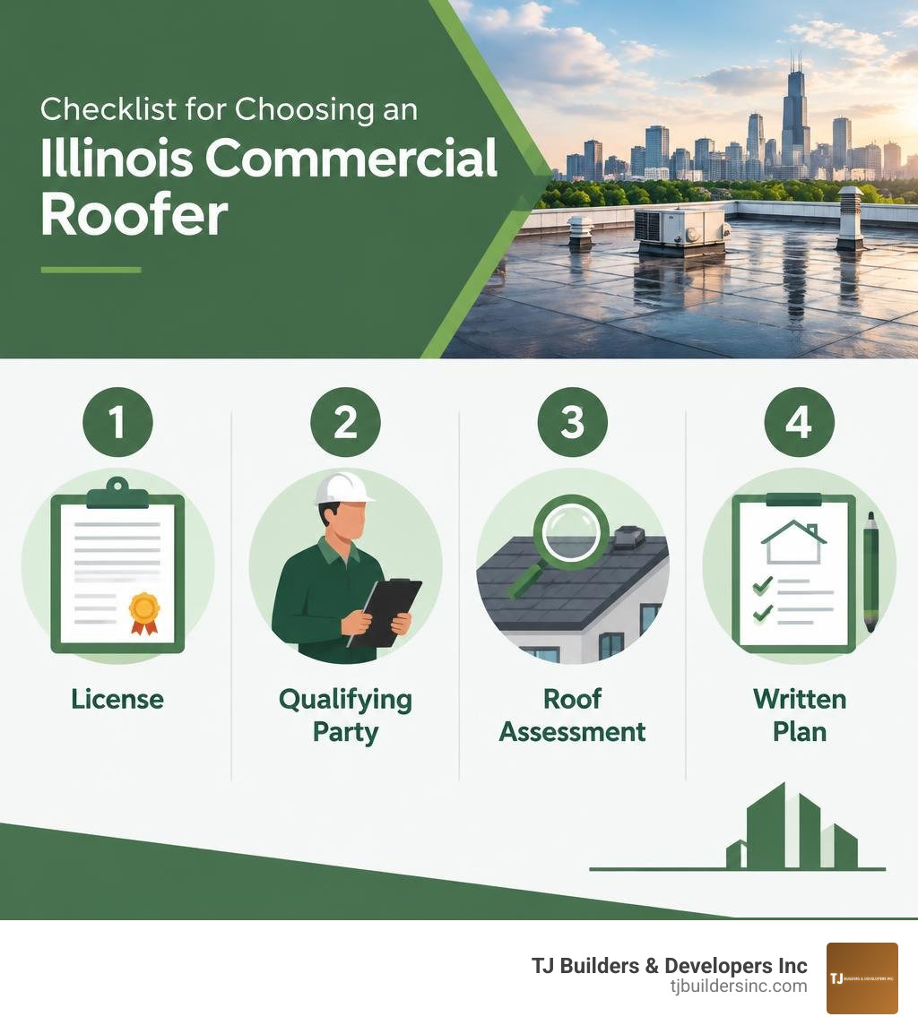Checklist for choosing an Illinois commercial roofer: license, qualifying party, roof assessment, written plan infographic