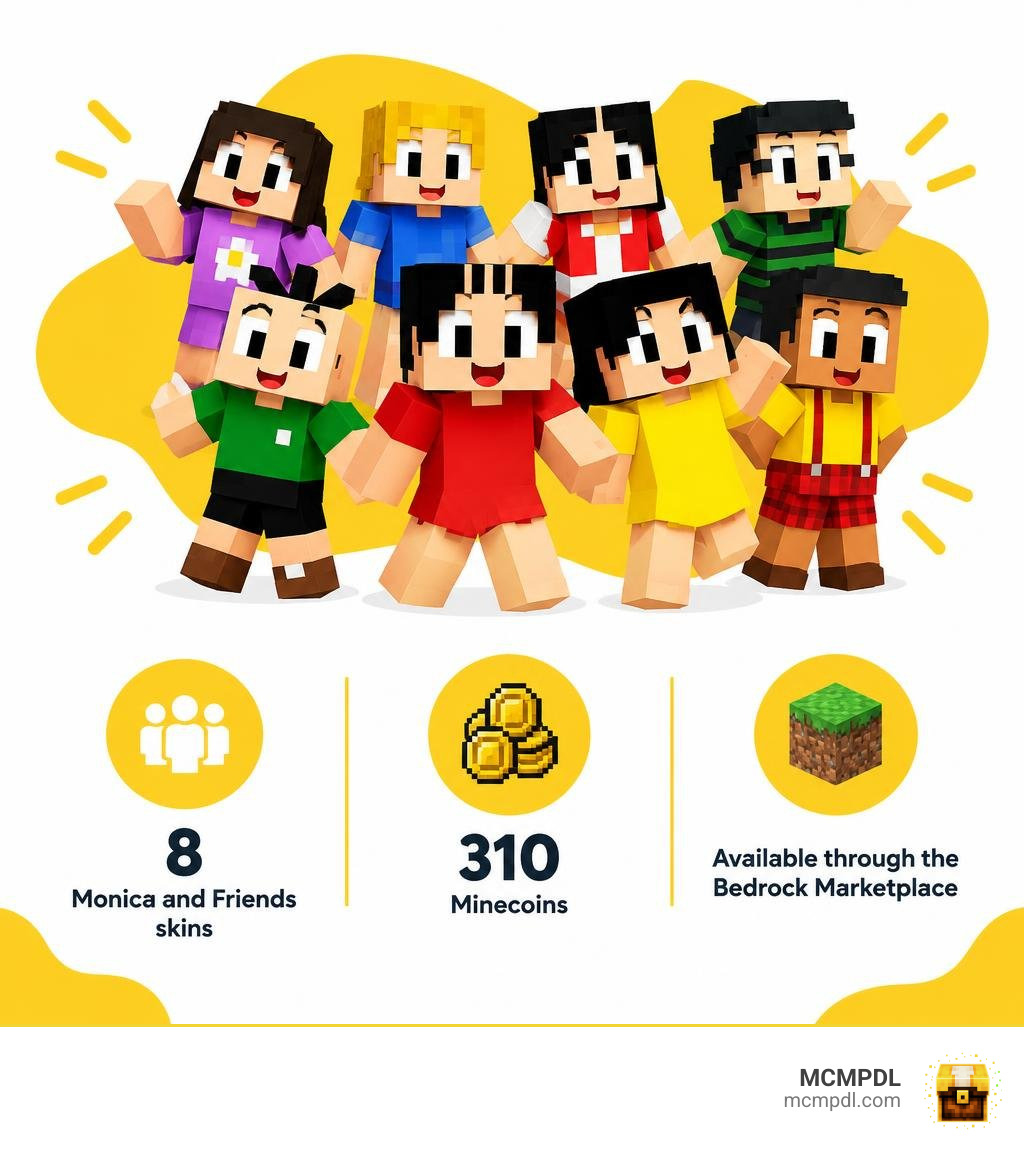 Key facts: eight Monica and Friends skins, 310 Minecoins, available through the Bedrock Marketplace infographic Key facts: eight Monica and Friends skins, 310 Minecoins, available through the Bedrock Marketplace infographic
