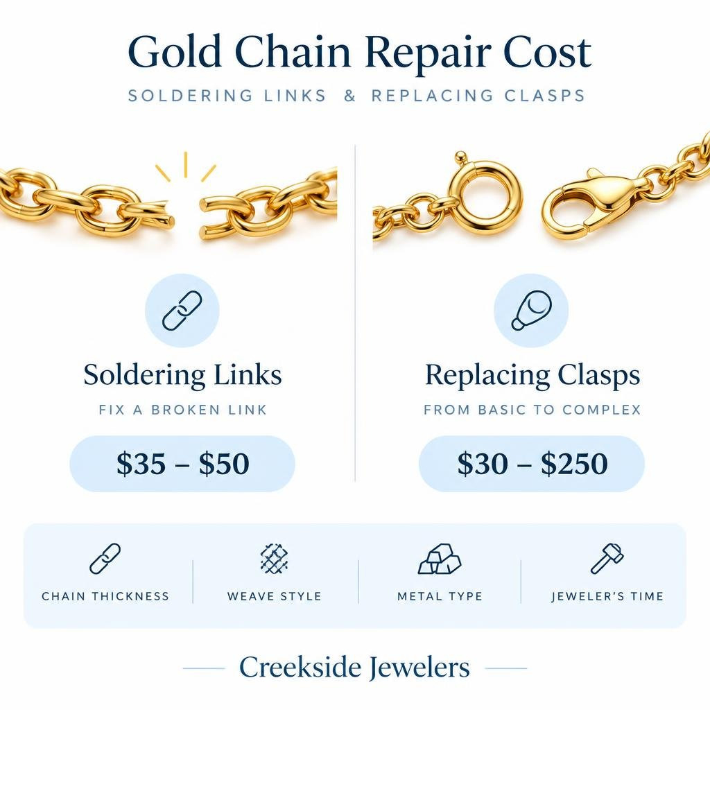 gold chain repair cost ranges for soldering links and replacing clasps infographic