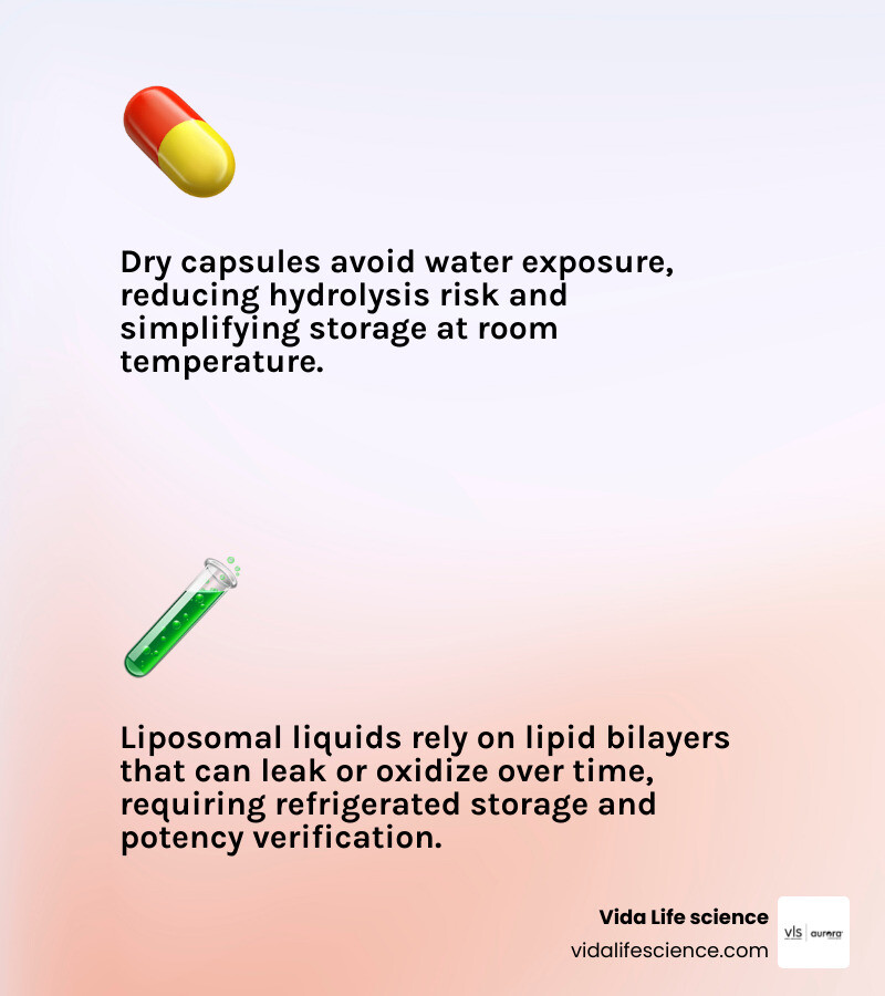 Capsules: check moisture and potency; liposomal liquids: check leakage, lipid stability, and potency infographic