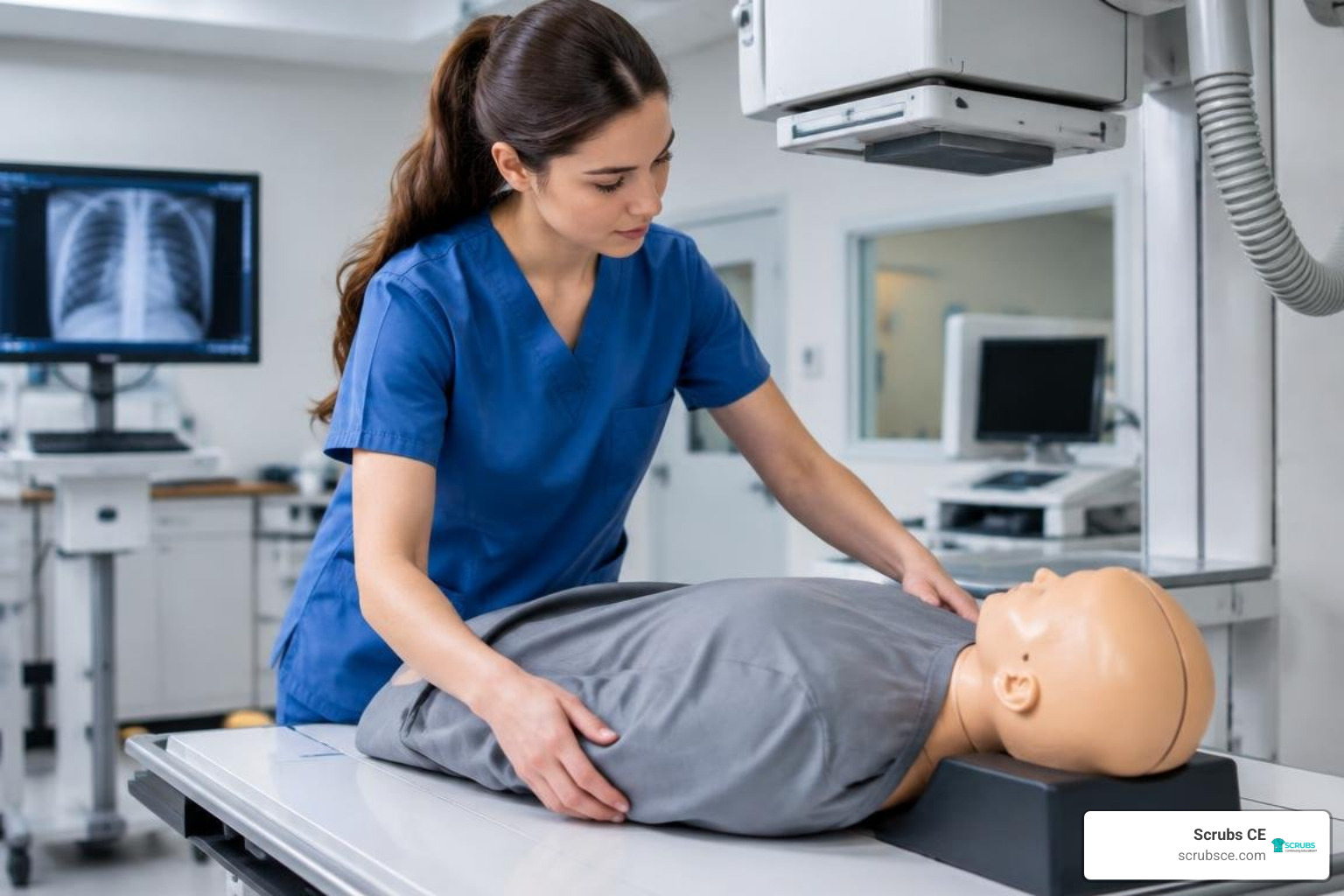 Radiology student practicing positioning in simulation lab Radiology student practicing positioning in simulation lab