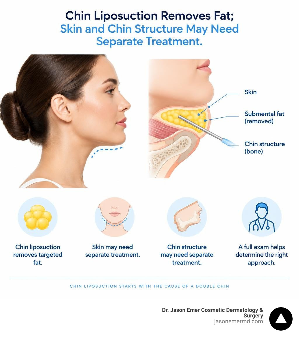Chin liposuction removes fat; skin and chin structure may need separate treatment infographic