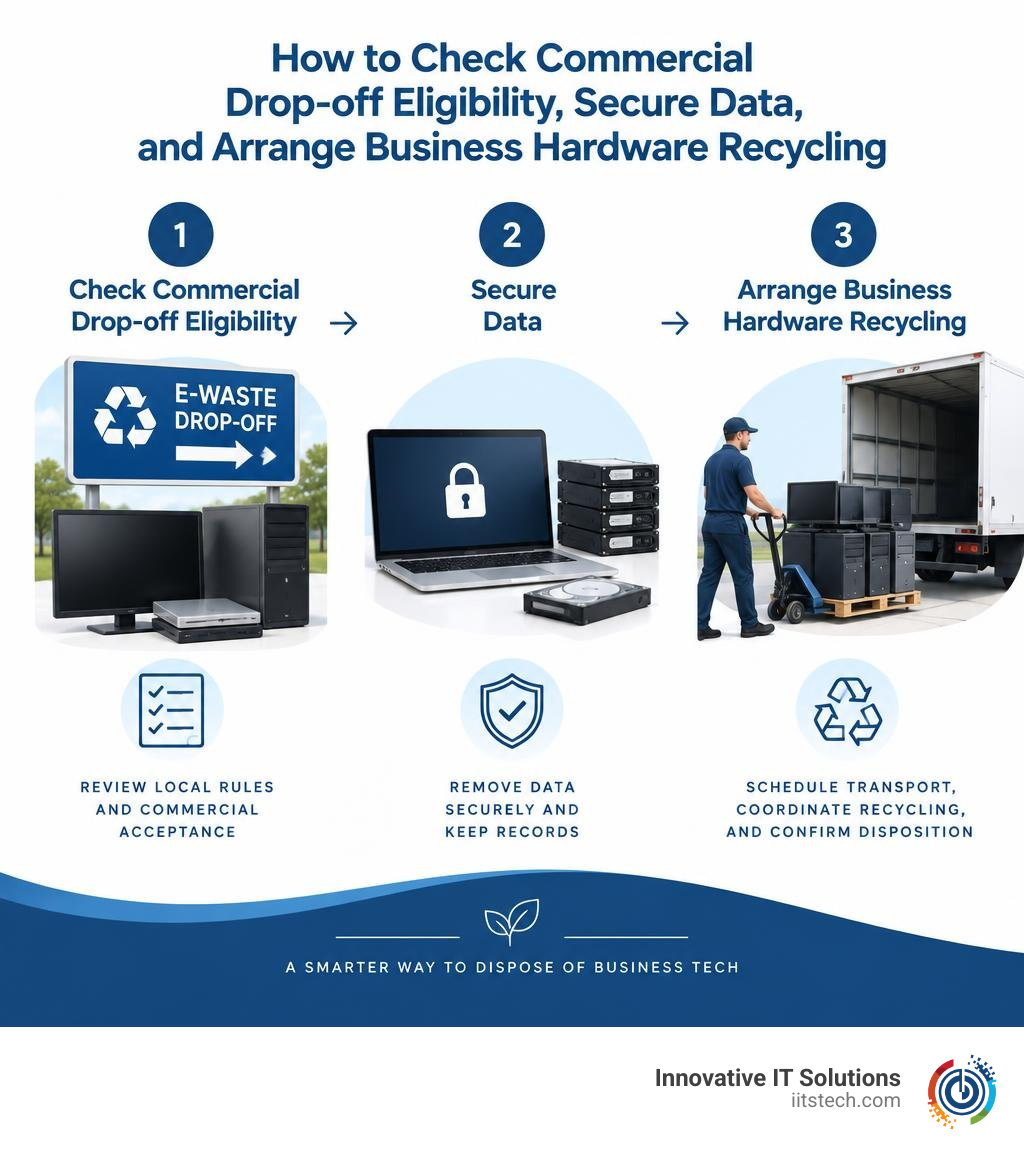 How to check commercial drop-off eligibility, secure data, and arrange business hardware recycling infographic How to check commercial drop-off eligibility, secure data, and arrange business hardware recycling infographic