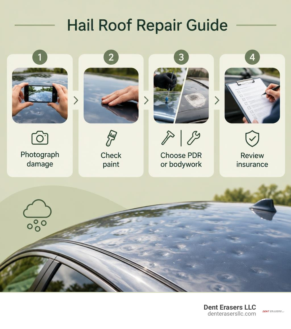Hail roof repair guide: photograph damage, check paint, choose PDR or bodywork, review insurance infographic Hail Roof Repair Guide: Photograph Damage, Check Paint, Choose Pdr Or Bodywork, Review Insurance Infographic