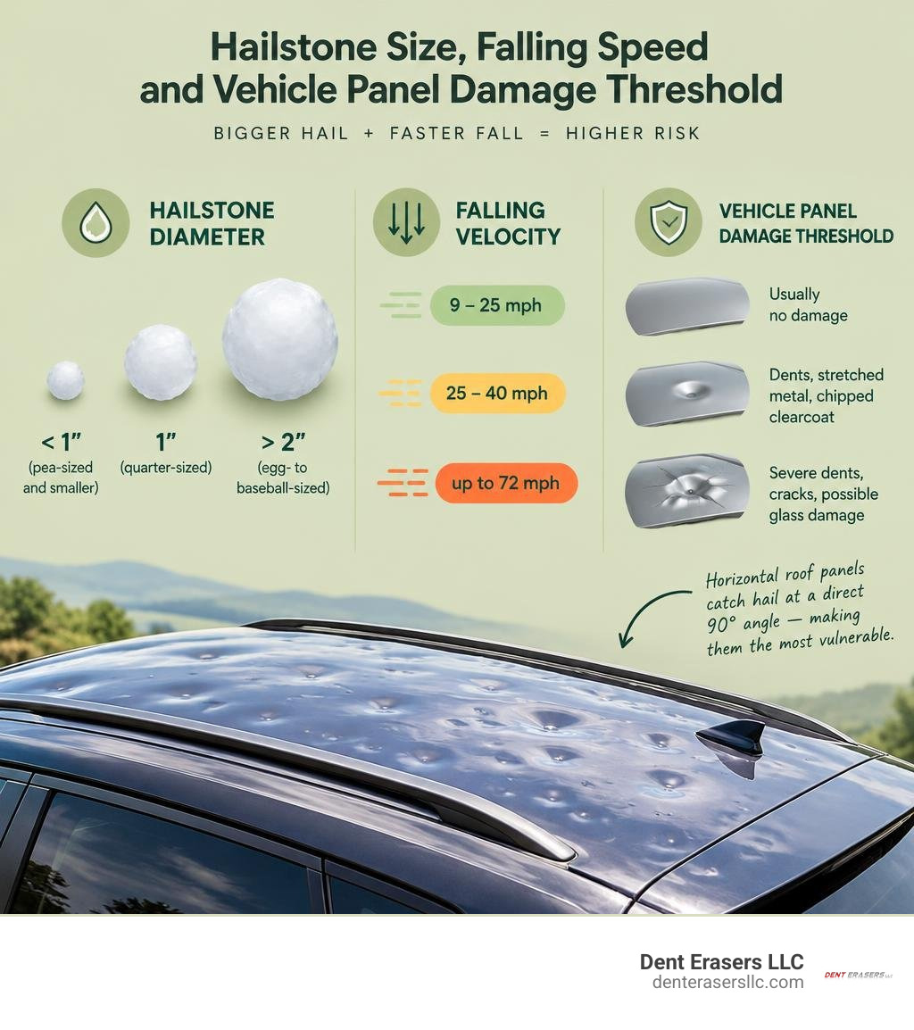 Hailstone diameter, falling velocity, and vehicle panel damage threshold infographic Hailstone Diameter, Falling Velocity, And Vehicle Panel Damage Threshold Infographic