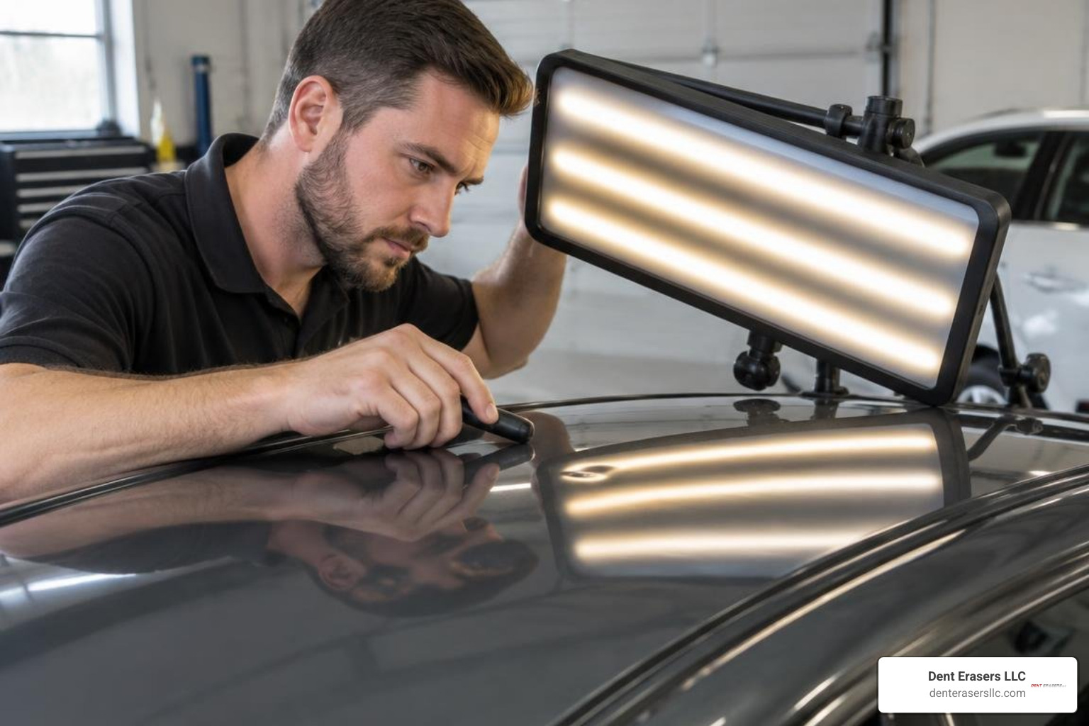 Technician inspecting hail damage with specialized reflection light board Technician Inspecting Hail Damage With Specialized Reflection Light Board