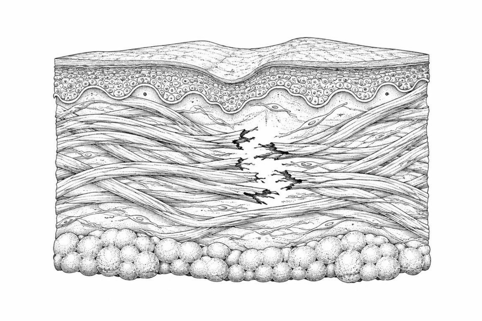 illustration of dermal layer stretching and collagen separation illustration of dermal layer stretching and collagen separation