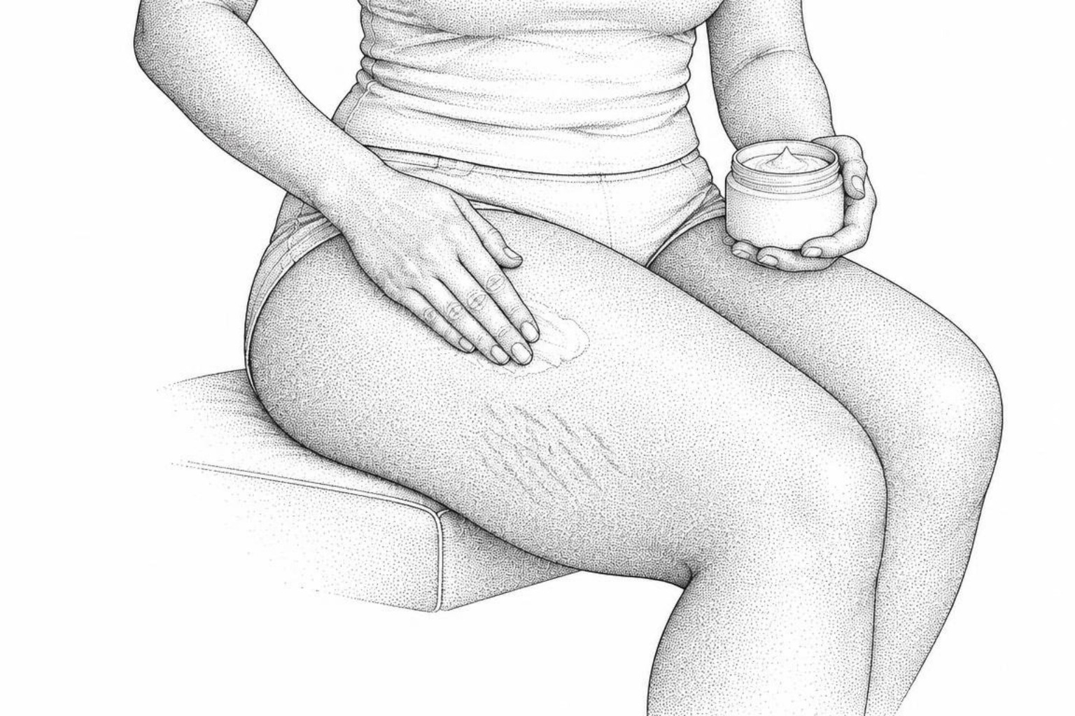 stippled illustration of hands applying moisturizer to the inner thigh stippled illustration of hands applying moisturizer to the inner thigh