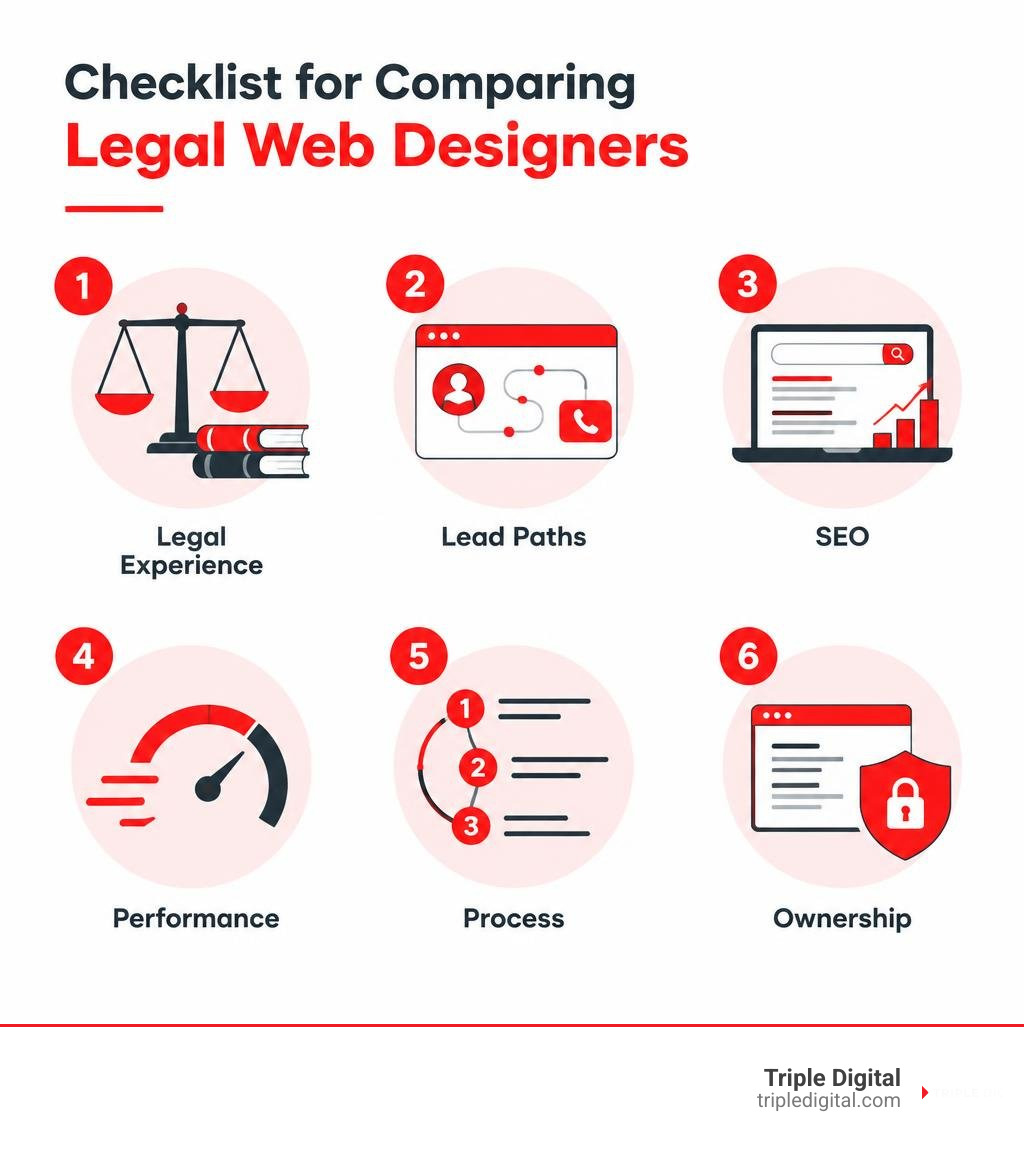 Checklist for comparing legal web designers: legal experience, lead paths, SEO, performance, process, and ownership