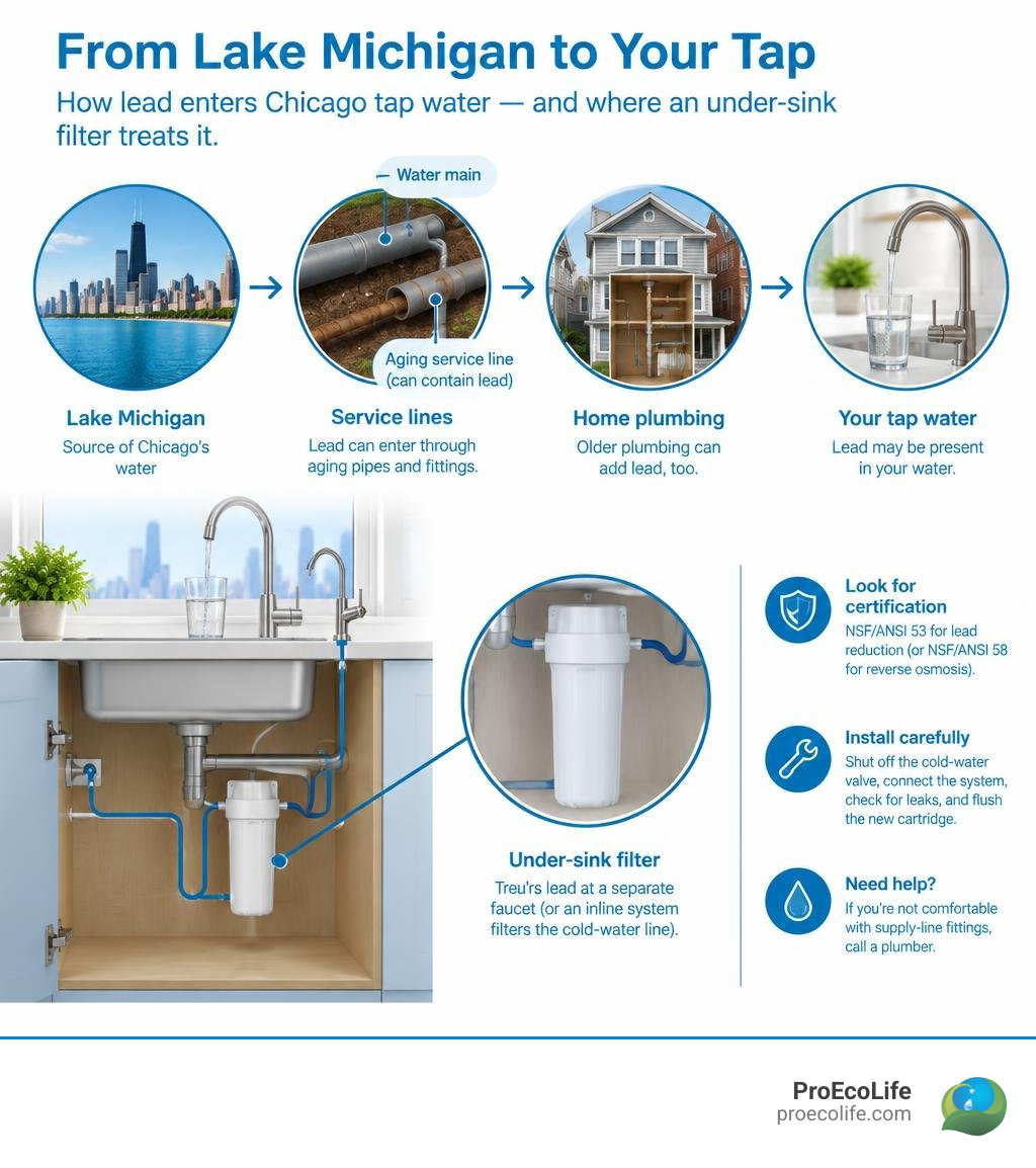 How lead enters Chicago tap water and where an under-sink filter treats it infographic