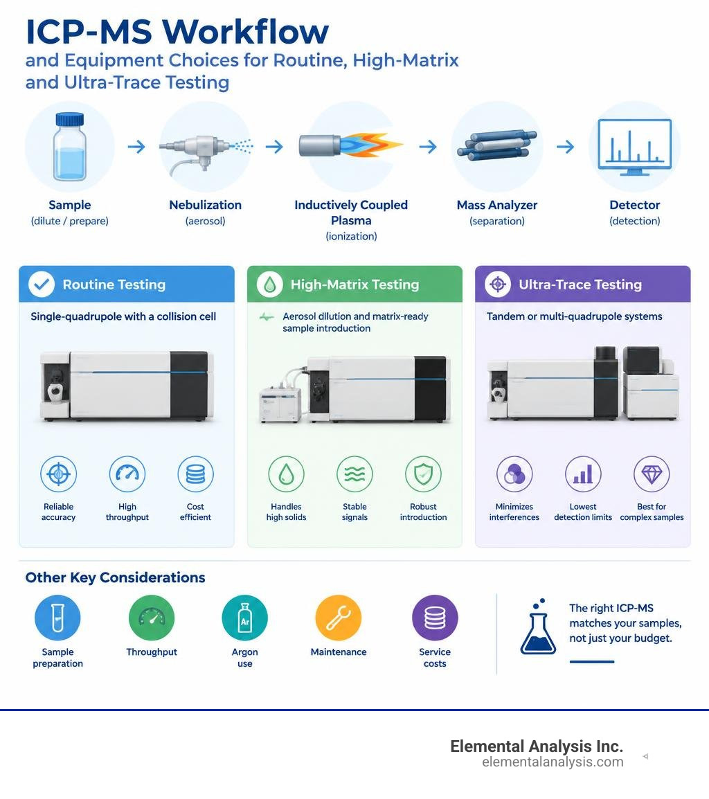 ICP-MS workflow and equipment choices for routine, high-matrix, and ultra-trace testing infographic